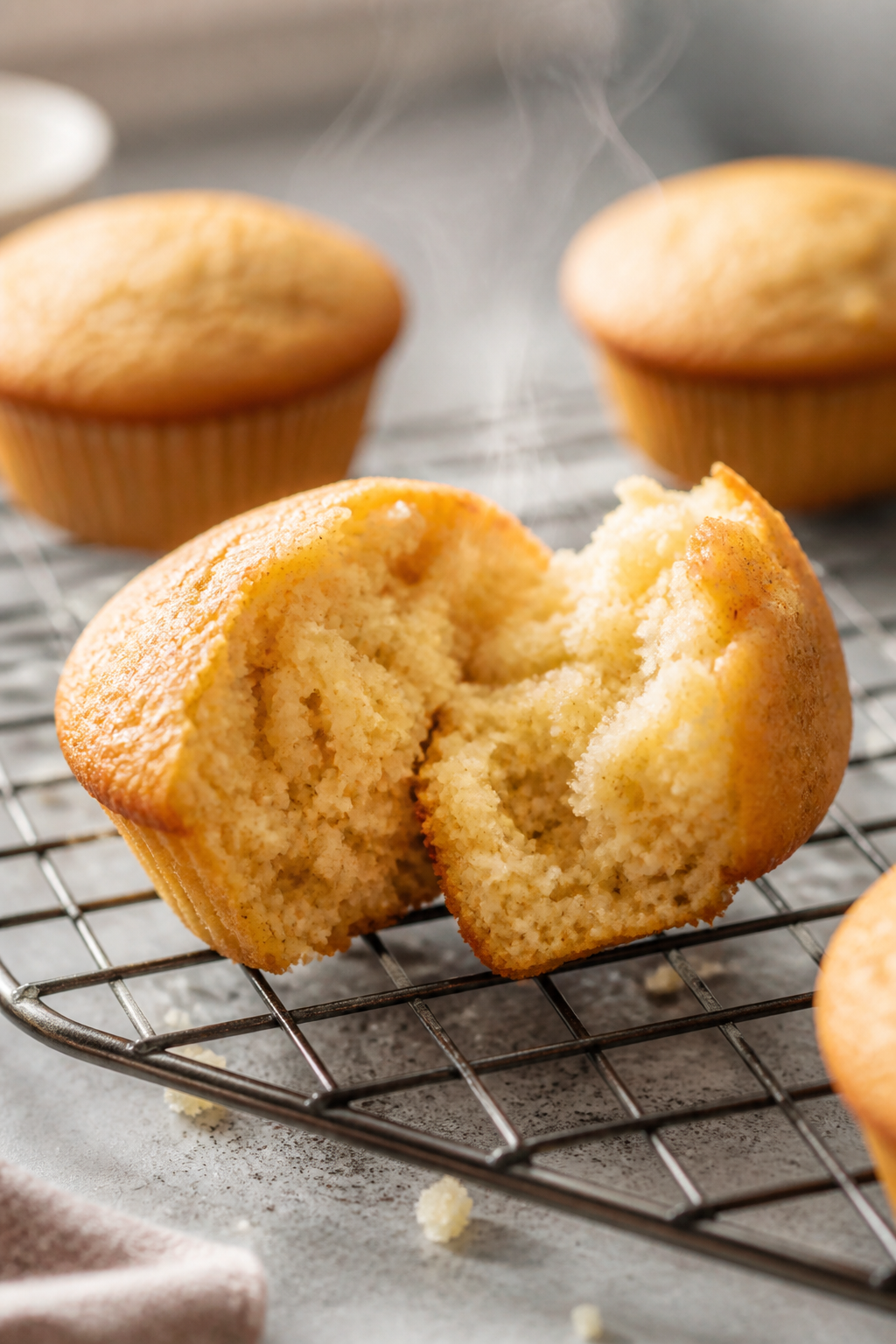 Close-up detail: A freshly baked coconut flour muffin torn open to reveal a soft, tender, cake-like