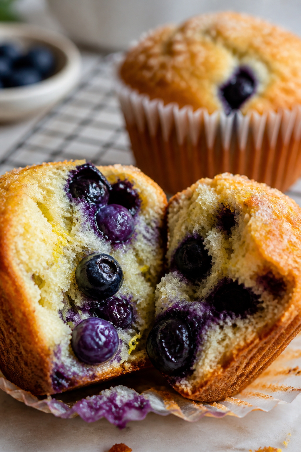 Close-up detail: A freshly baked lemon blueberry muffin torn open to reveal a tender, moist crumb wi