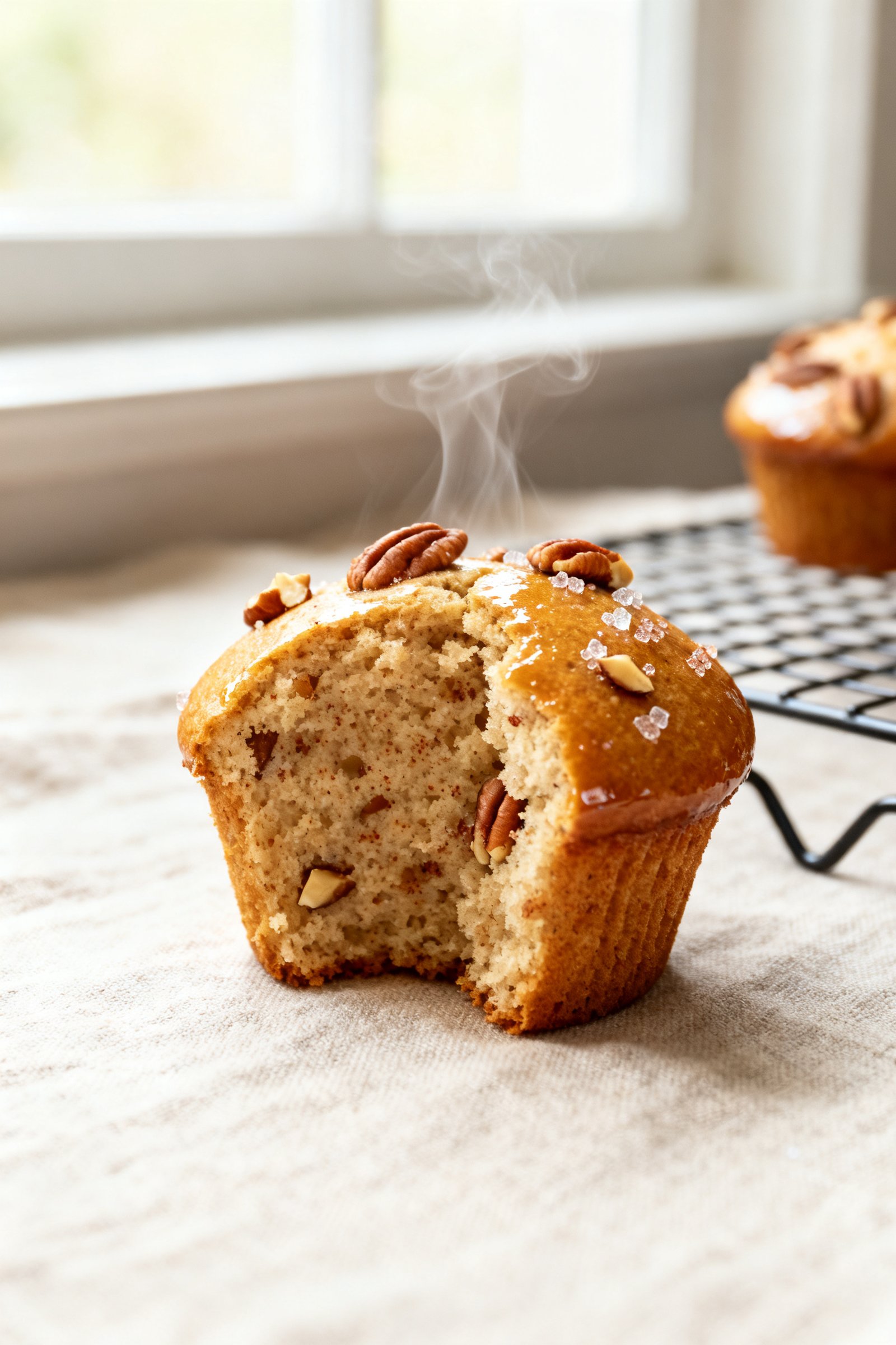 Close-up detail: A freshly baked maple pecan protein muffin torn open to reveal a moist, tender crum