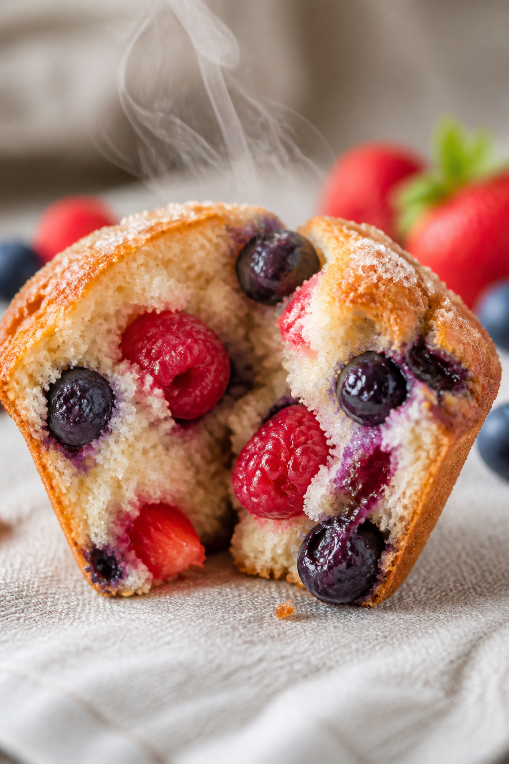 Close-up detail: A freshly baked mixed berry muffin torn open to reveal a tender, moist crumb studde