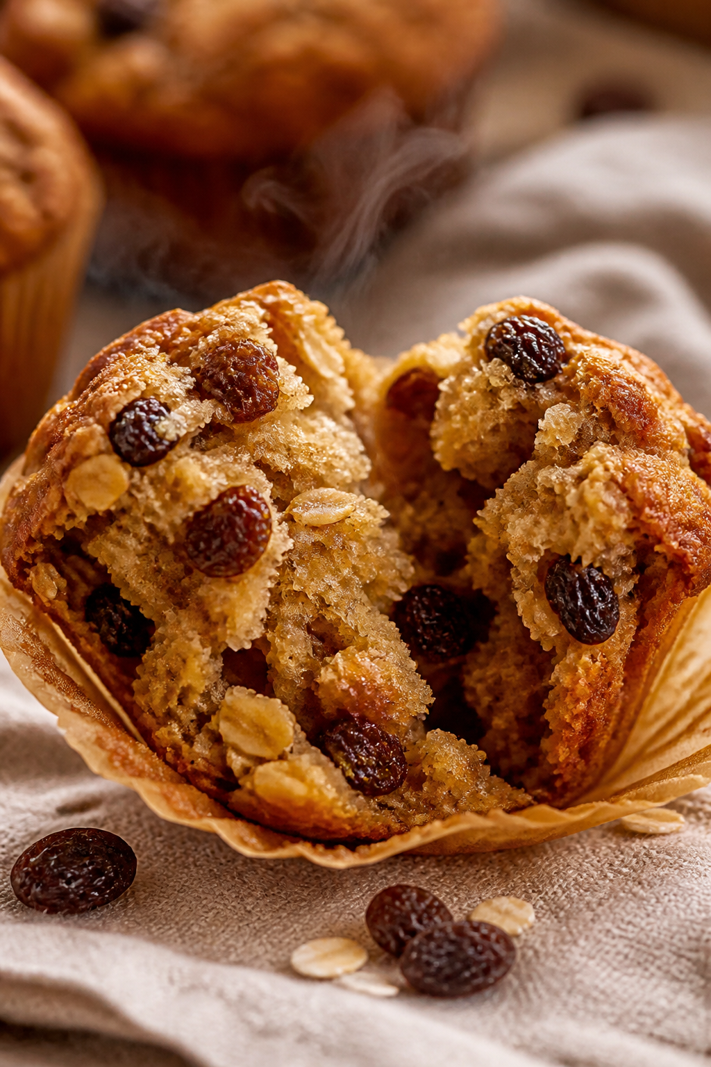 Close-up detail: A freshly baked oatmeal raisin muffin torn open to reveal a tender, moist crumb wit