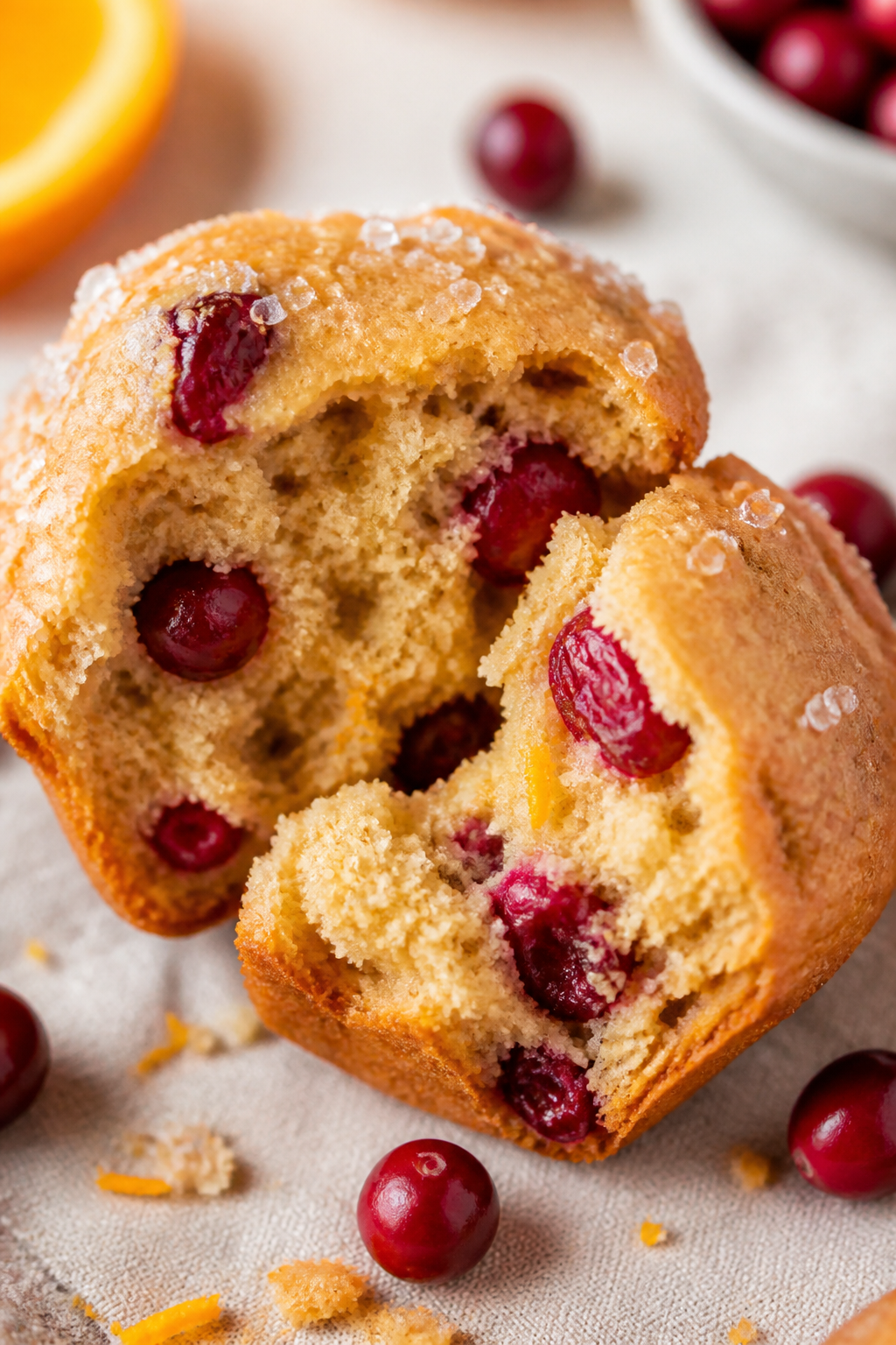 Close-up detail: A freshly baked orange cranberry protein muffin torn open to reveal a tender, moist