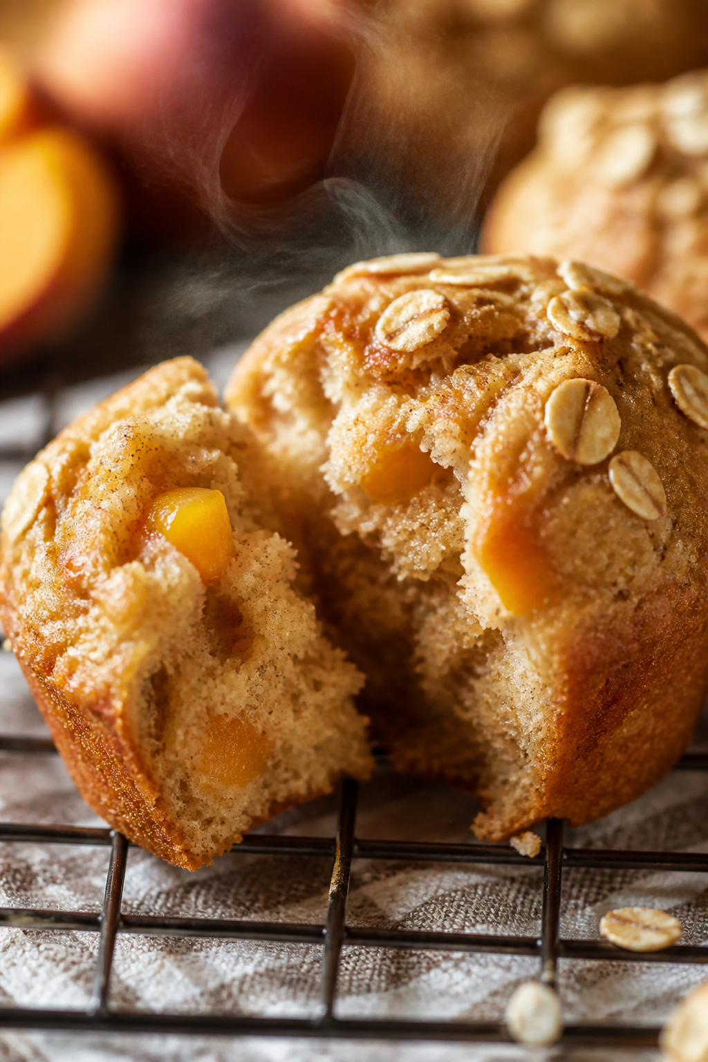 Close-up detail: A freshly baked peach oat muffin torn open to reveal a moist, tender crumb with vis
