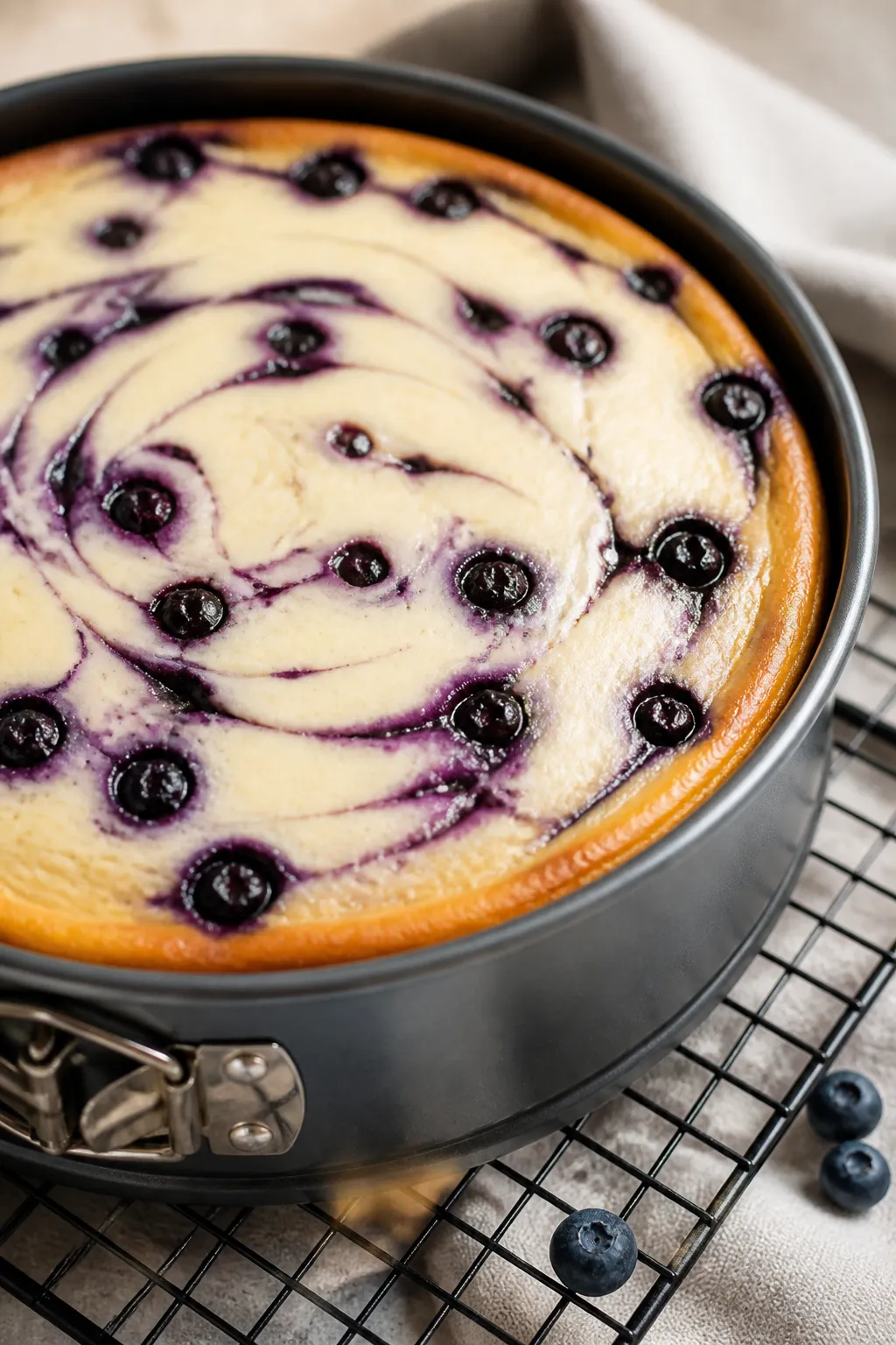 Close-up detail: A freshly baked protein blueberry cheesecake just out of the oven, edges set with a