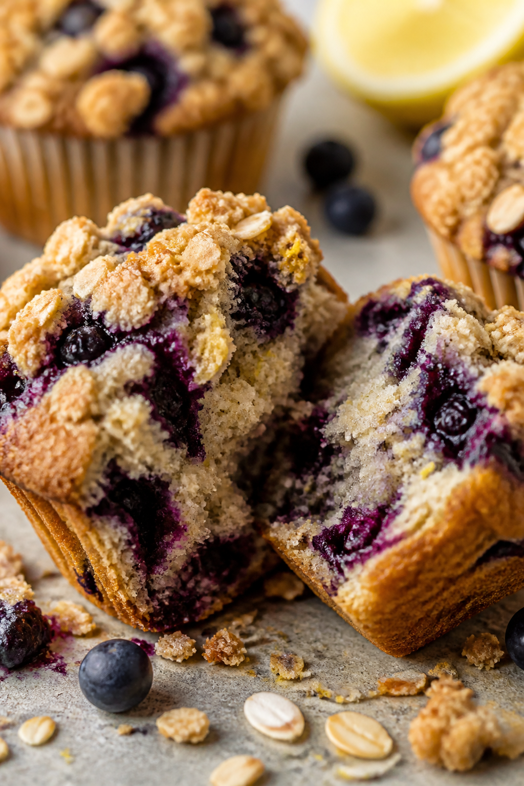 Close-up detail: A freshly baked protein blueberry crumble muffin torn open to reveal a tender, mois