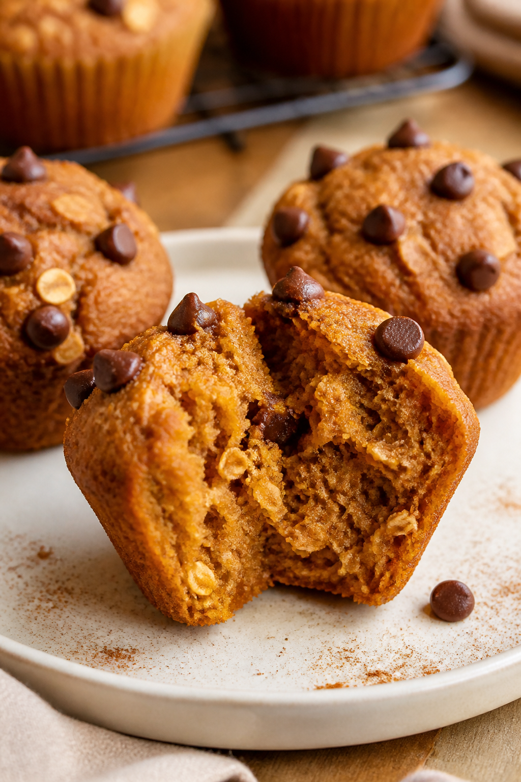 Close-up detail: A freshly baked pumpkin spice muffin torn open to reveal a soft, moist crumb with v