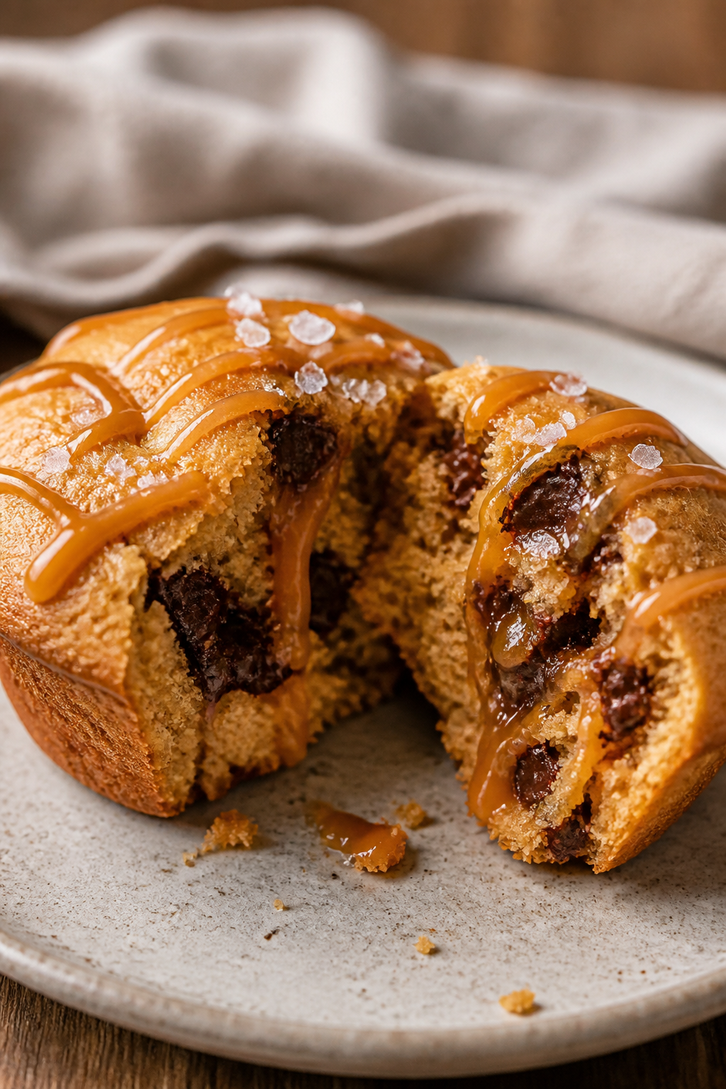 Close-up detail: A freshly baked salted caramel protein muffin torn open to reveal a soft, moist cru