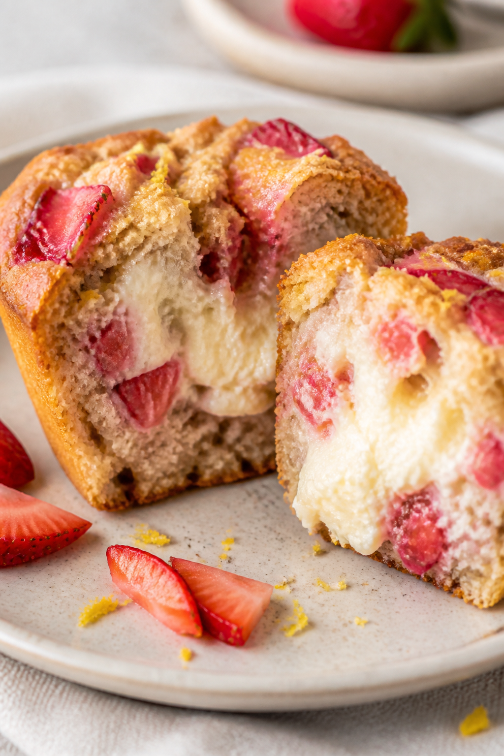 Close-up detail: A freshly baked strawberry cheesecake protein muffin torn open to reveal a tender o