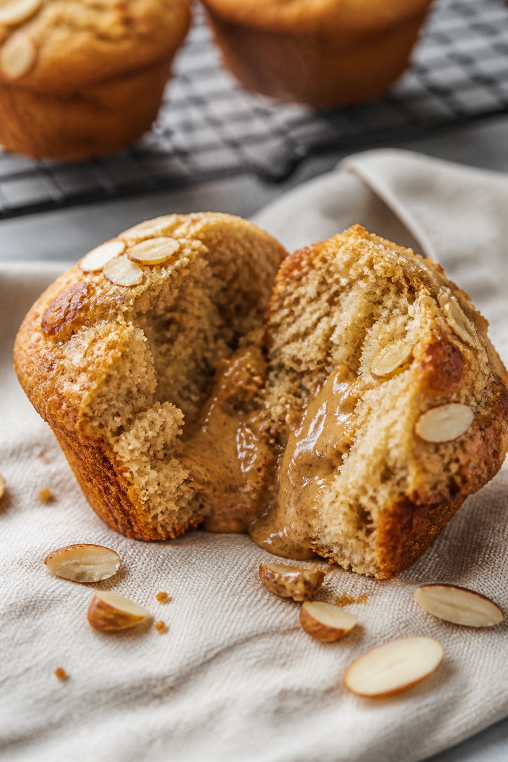 Close-up detail: A freshly baked Vanilla Almond Protein Muffin split open, steam gently rising, show