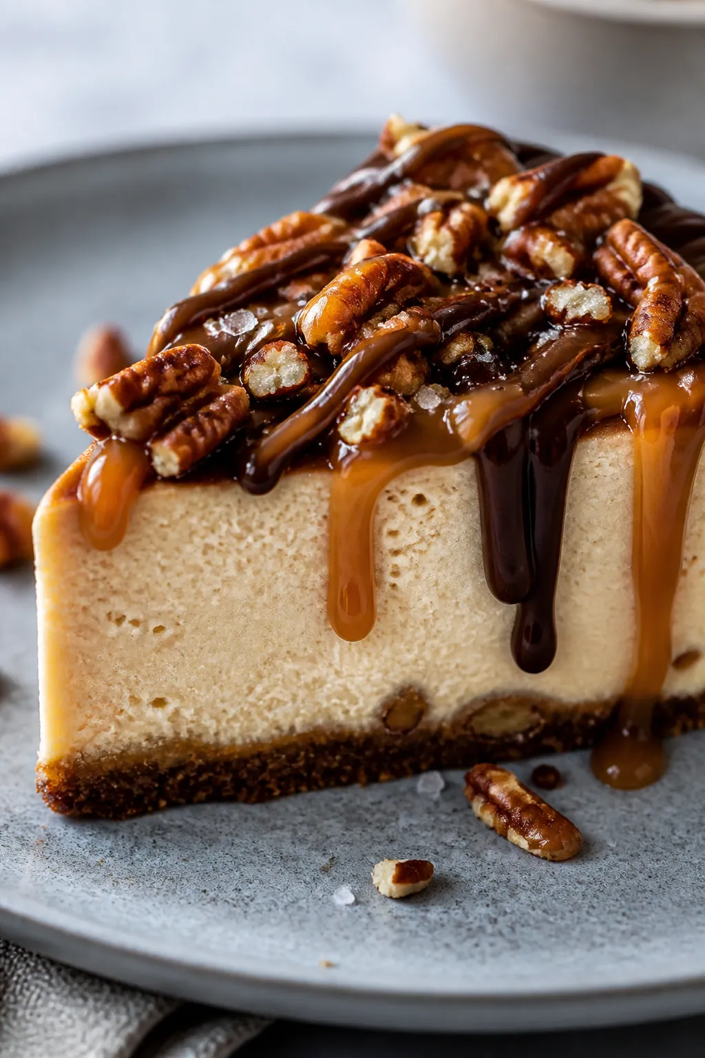 Close-up detail: A freshly chilled slice of High Protein Low Carb Turtle Protein Cheesecake with a s