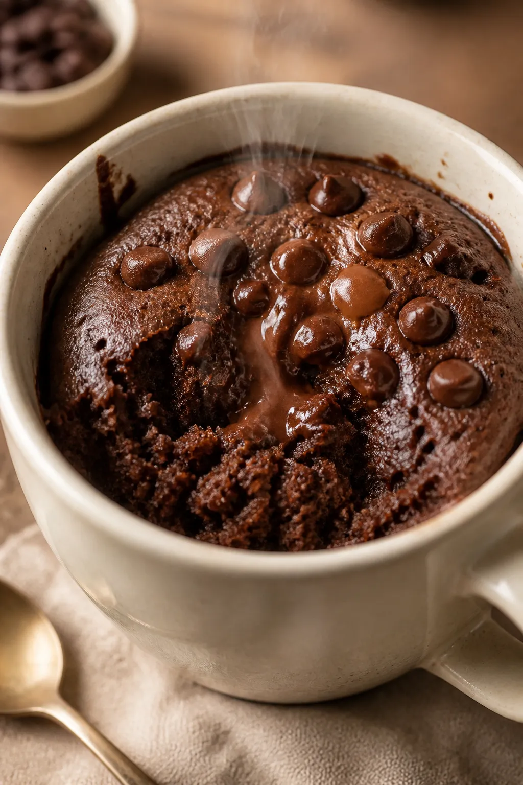 Close-up detail: A freshly microwaved chocolate chip protein mug cake in a wide 12-oz ceramic mug, s
