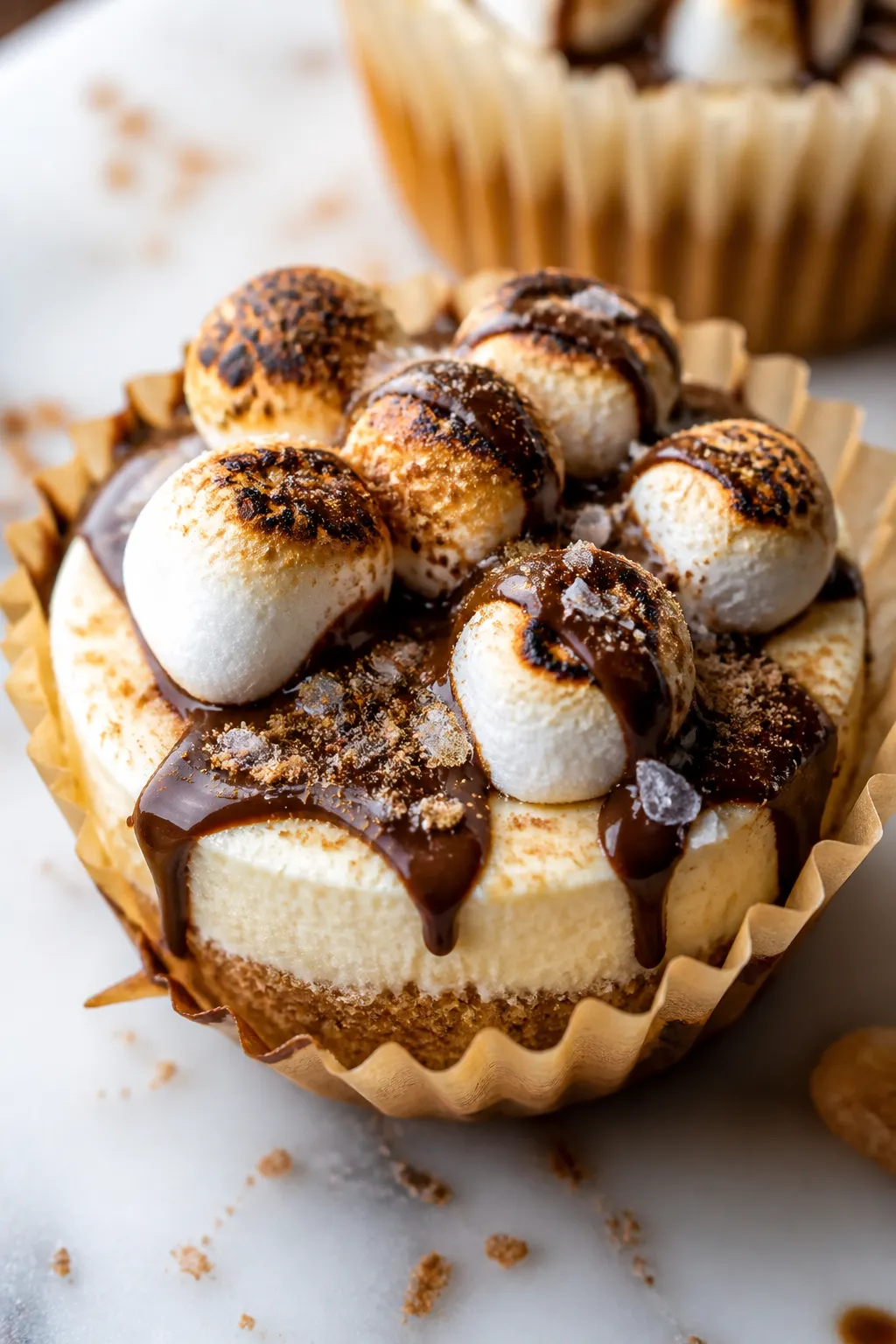 Close-up detail: A freshly toasted s’mores cheesecake cup still in its parchment liner, showcasing