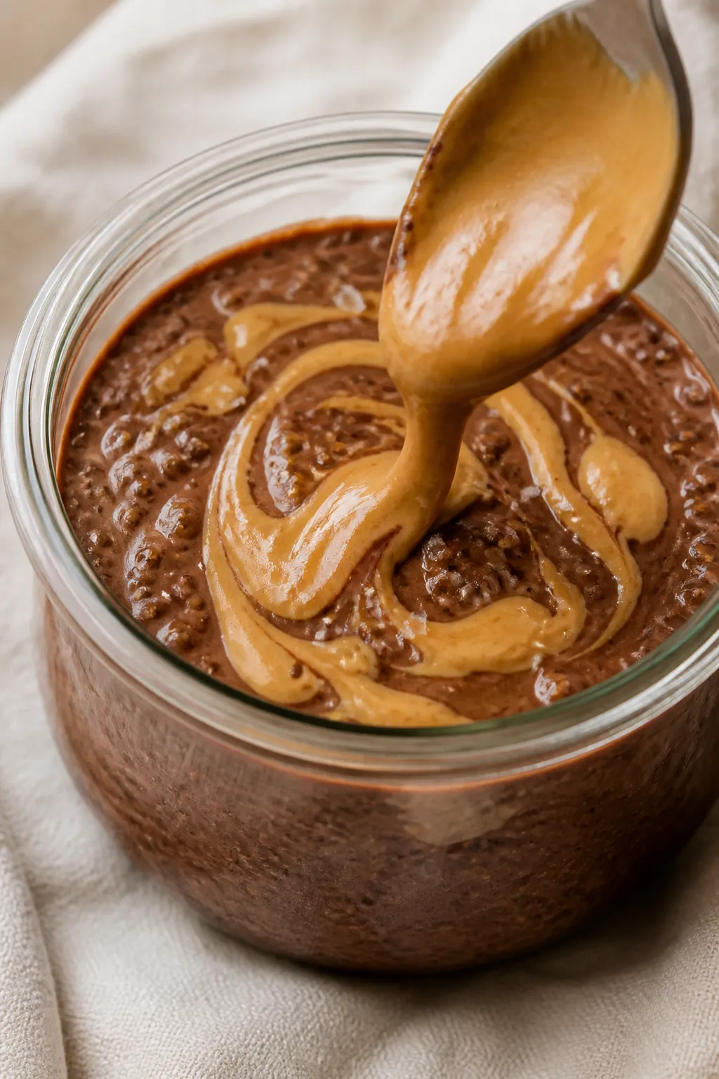 Close-up detail: A glass jar of chocolate chia pudding mid-prep, after chilling, with a glossy, thic
