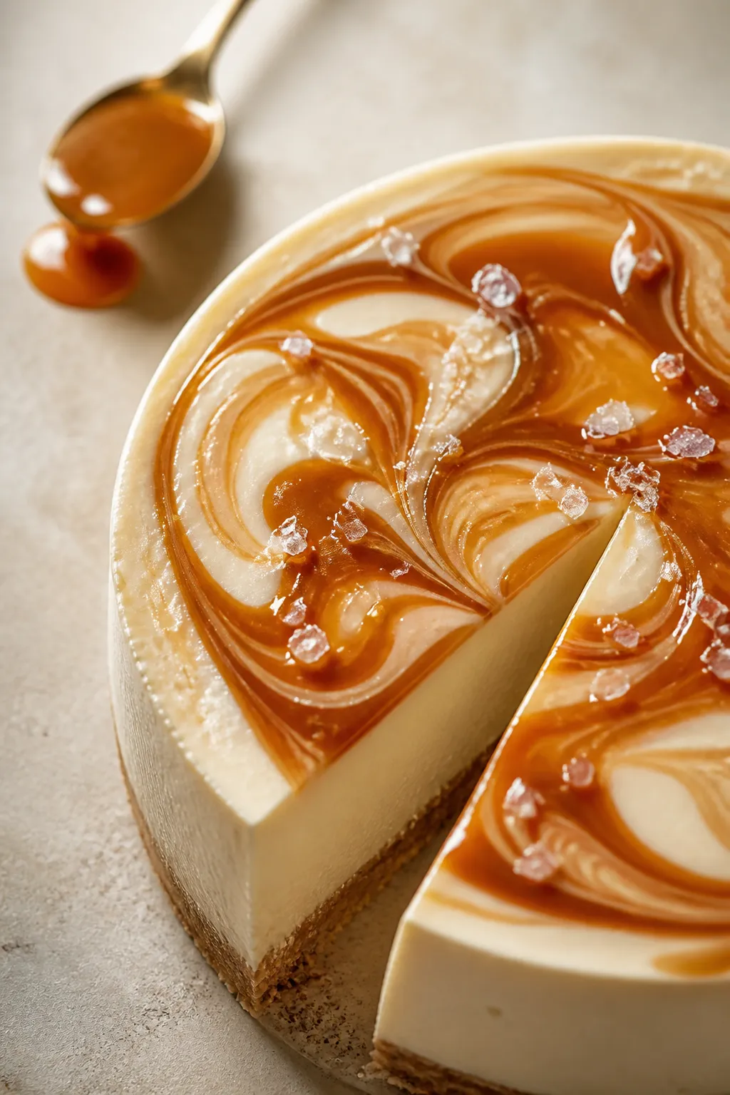 Close-up detail: A glossy caramel-swirl surface on a chilled caramel protein cheesecake, highlightin
