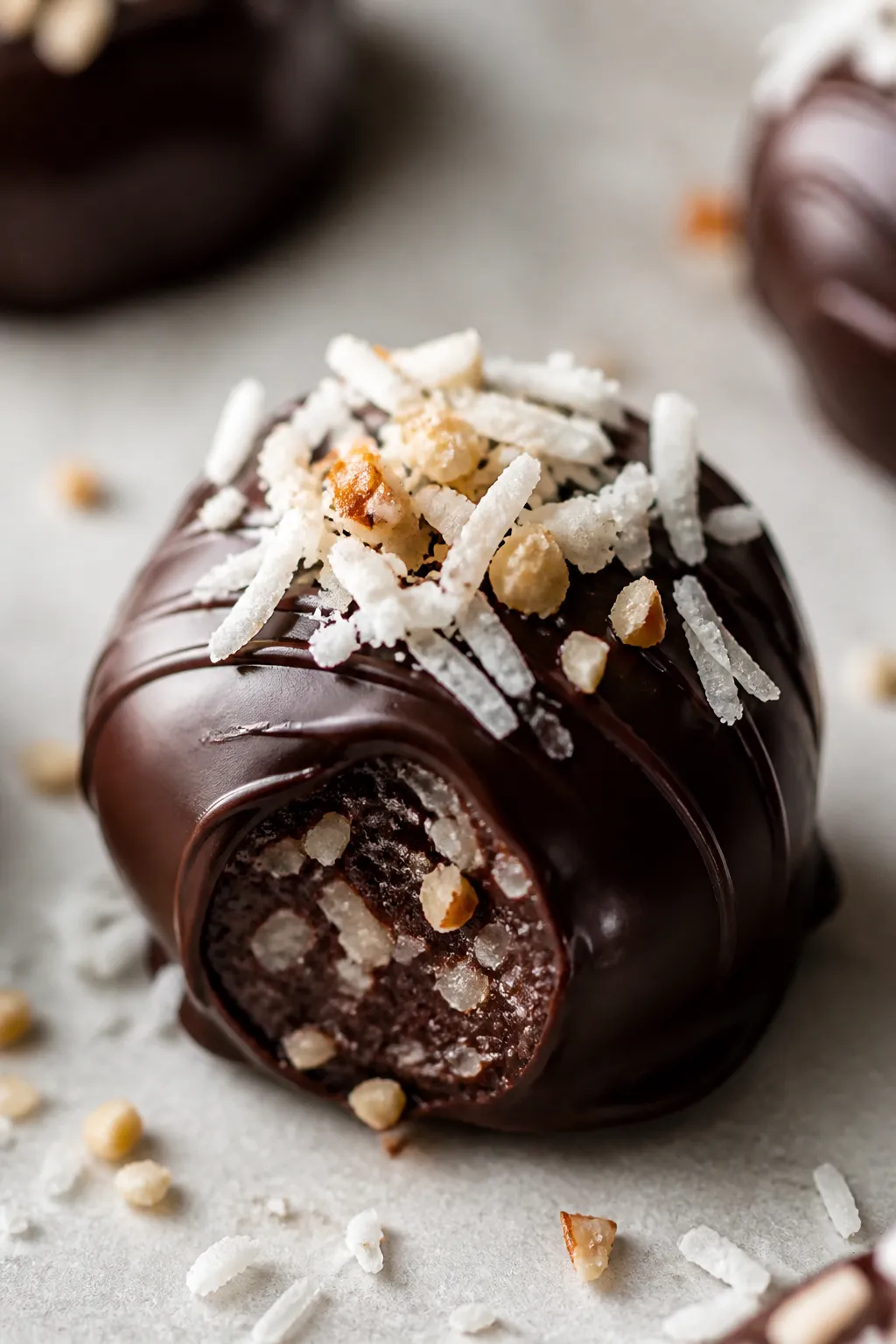 Close-up detail: a glossy, chocolate-dipped Almond Joy protein truffle just set on parchment, with d
