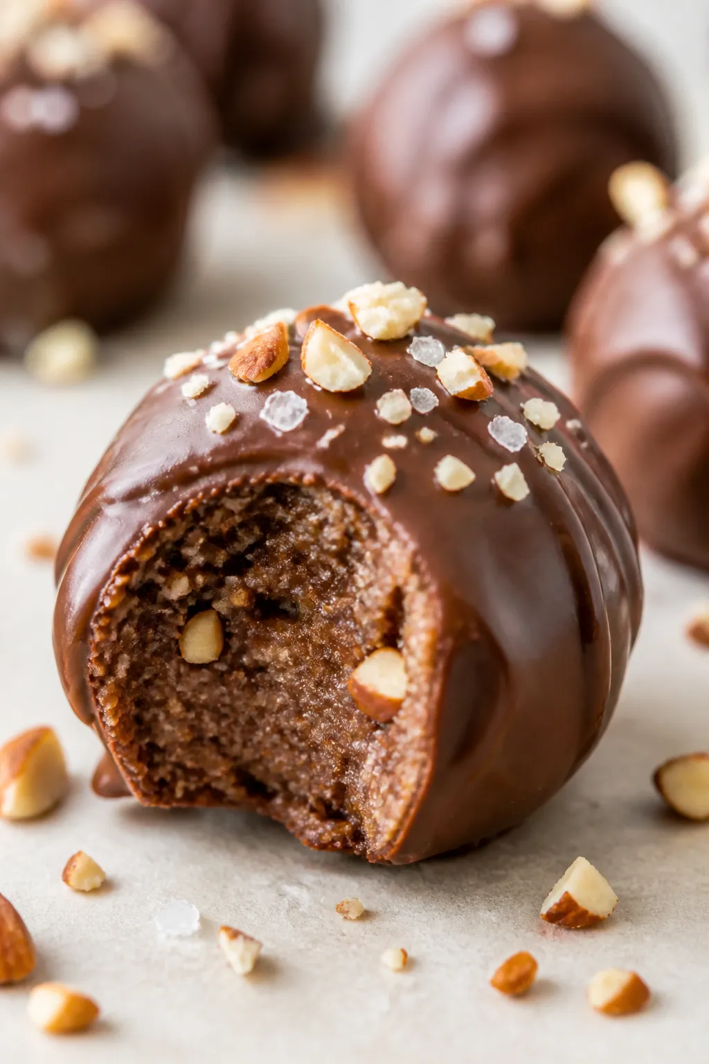 Close-up detail: A glossy chocolate-dipped protein ball resting on parchment, shell just set with ti