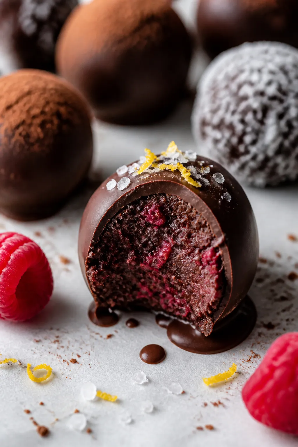 Close-up detail: A glossy raspberry chocolate protein truffle freshly dipped in a thin dark chocolat