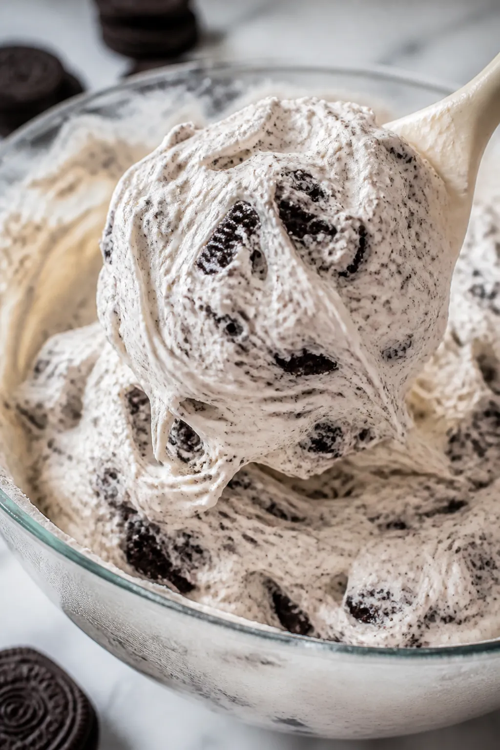 Close-up detail: A heaping spoonful of Oreo protein fluff mid-fold with crushed Oreo streaks and chu