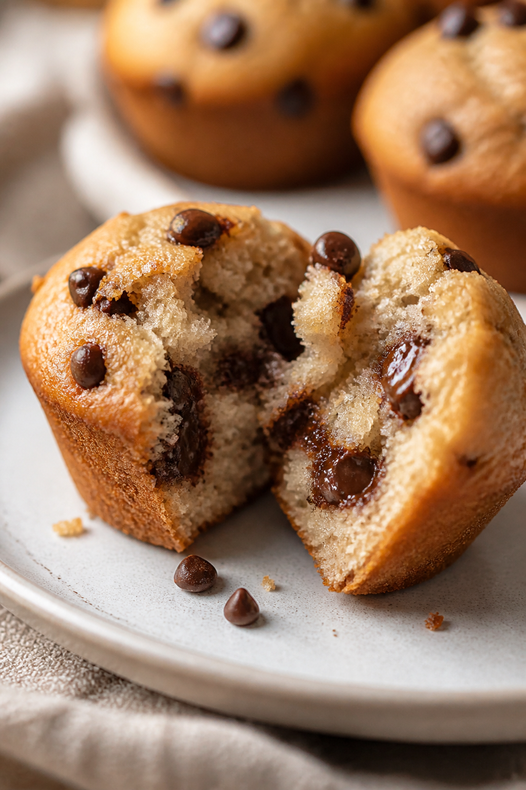 Close-up detail: A just-baked banana chocolate chip mini muffin torn open to reveal a moist, tender