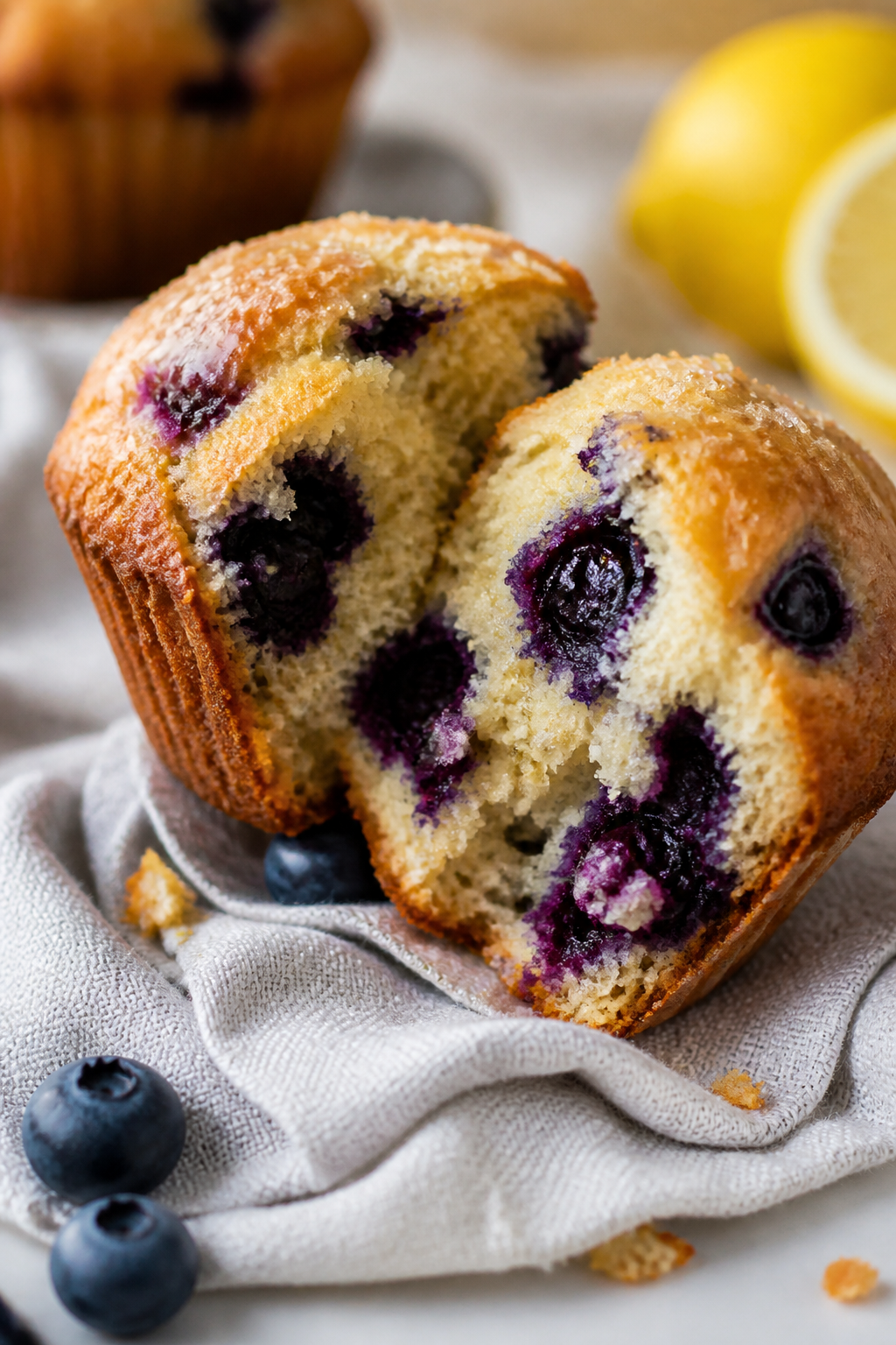 Close-up detail: A just-baked blueberry lemon protein muffin torn open to reveal a moist, tender cru
