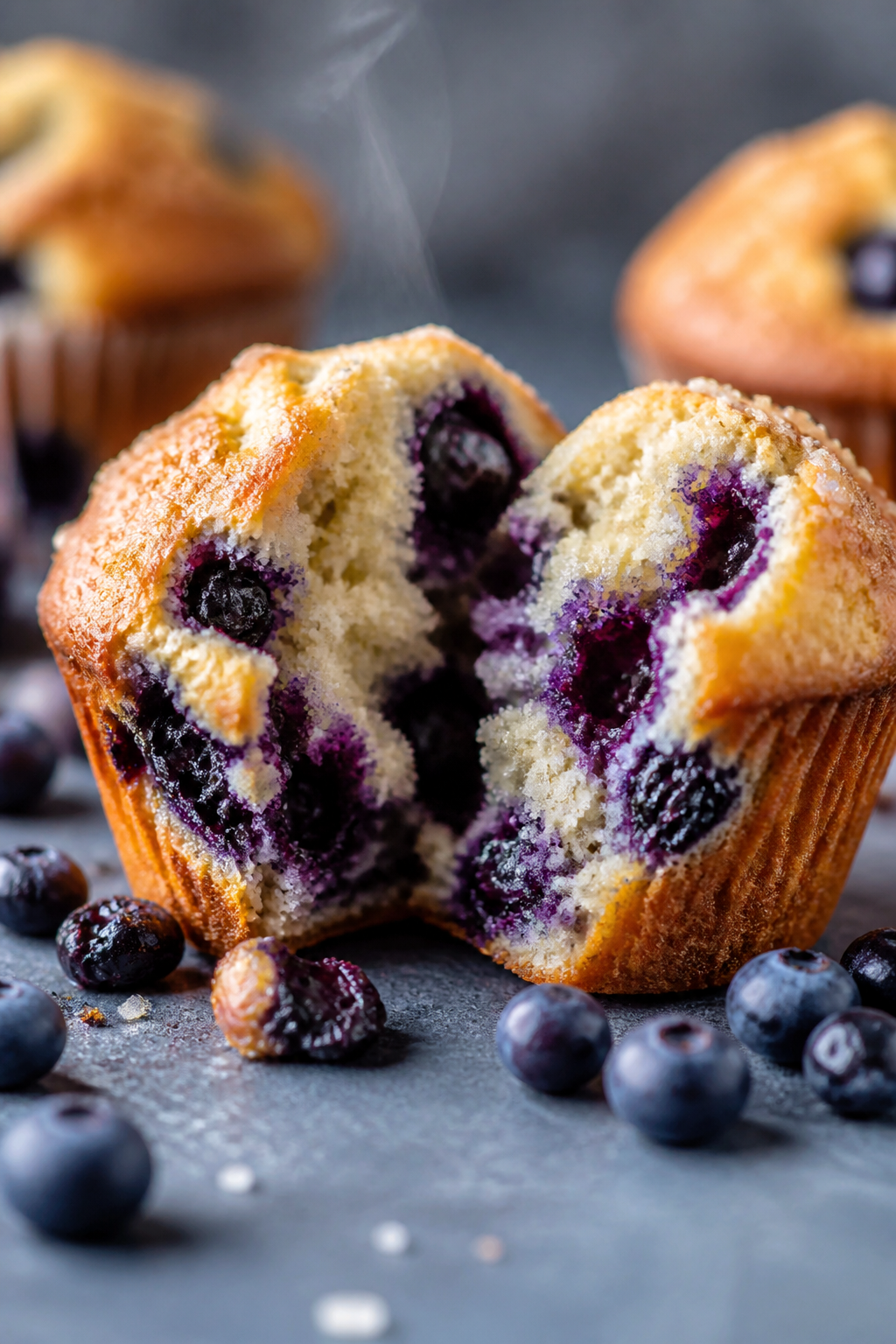 Close-up detail: A just-baked blueberry protein muffin torn open to reveal a soft, tender crumb stud