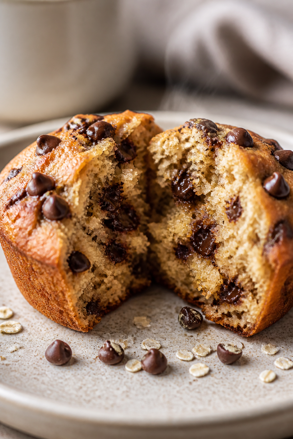 Close-up detail: A just-baked chocolate chip cottage cheese protein muffin torn open, showing a fluf