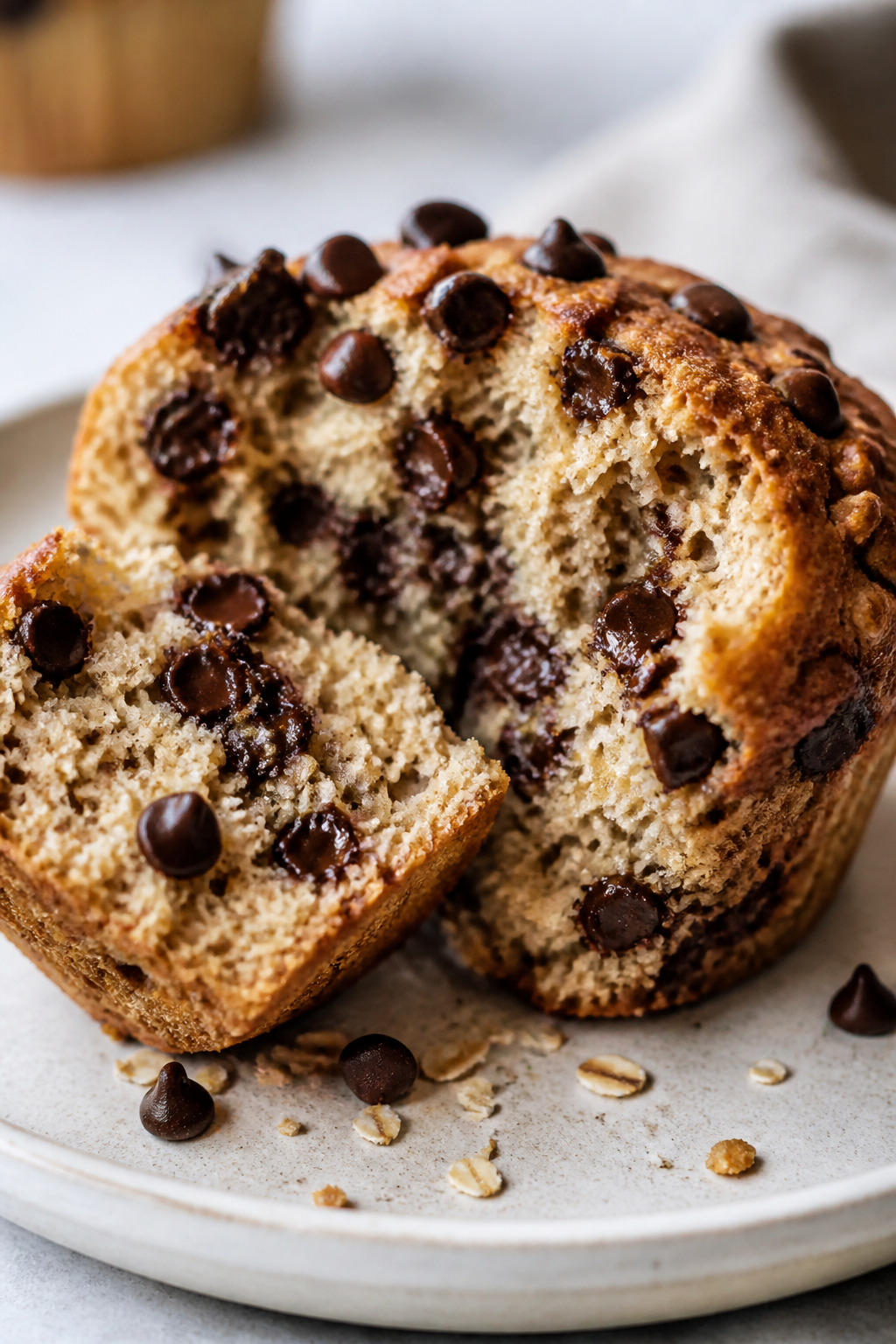 Close-up detail: A just-baked chocolate chip protein muffin torn open to reveal a tender, moist crum