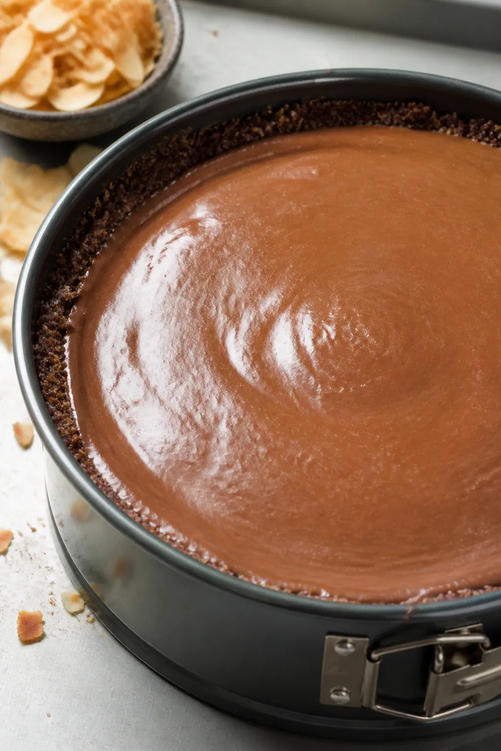 Close-up detail: A just-baked chocolate coconut cheesecake in a 9-inch springform pan, edges set wit