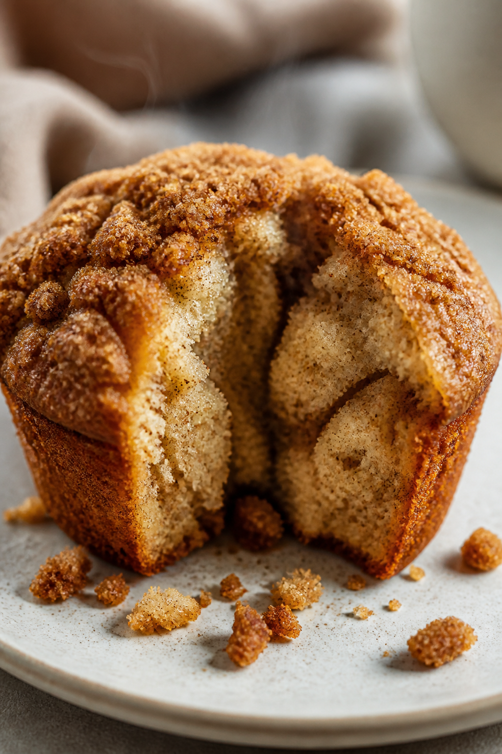 Close-up detail: A just-baked coffee cake muffin torn open to reveal a soft, tender crumb with cinna