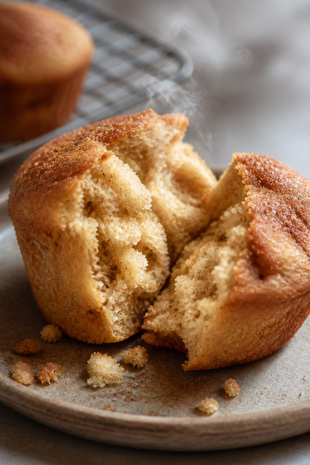 Close-up detail: A just-baked maple cinnamon muffin torn open to reveal a soft, moist crumb with tin