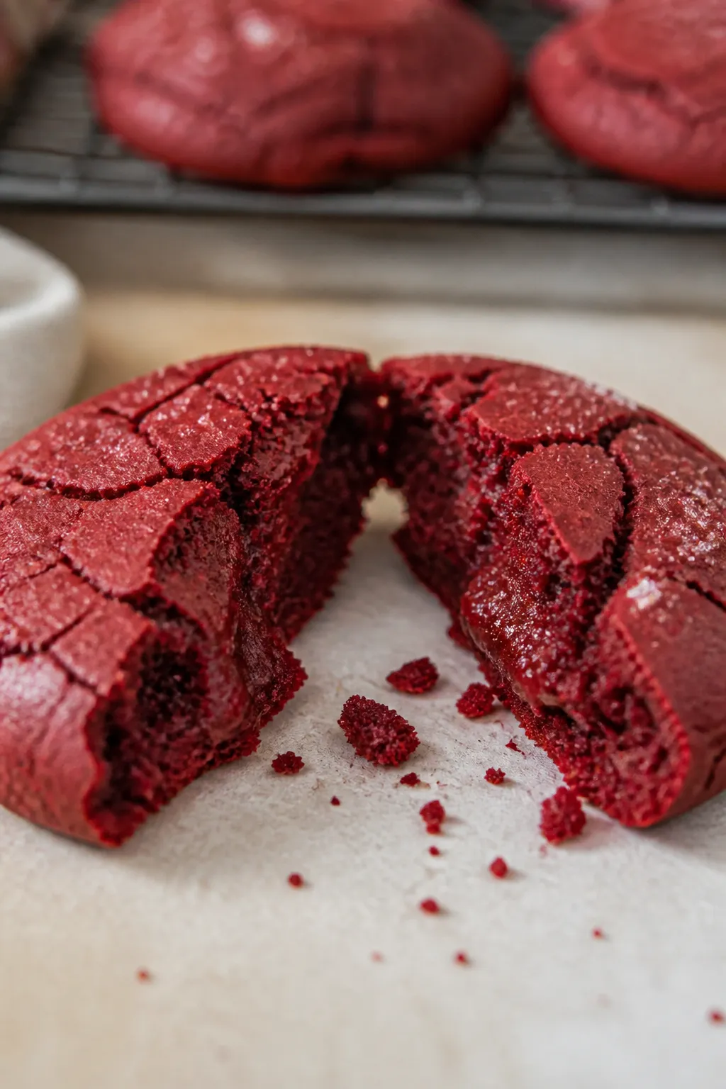 Close-up detail: A just-baked red velvet protein cookie broken in half to reveal a soft, fudgy, melt