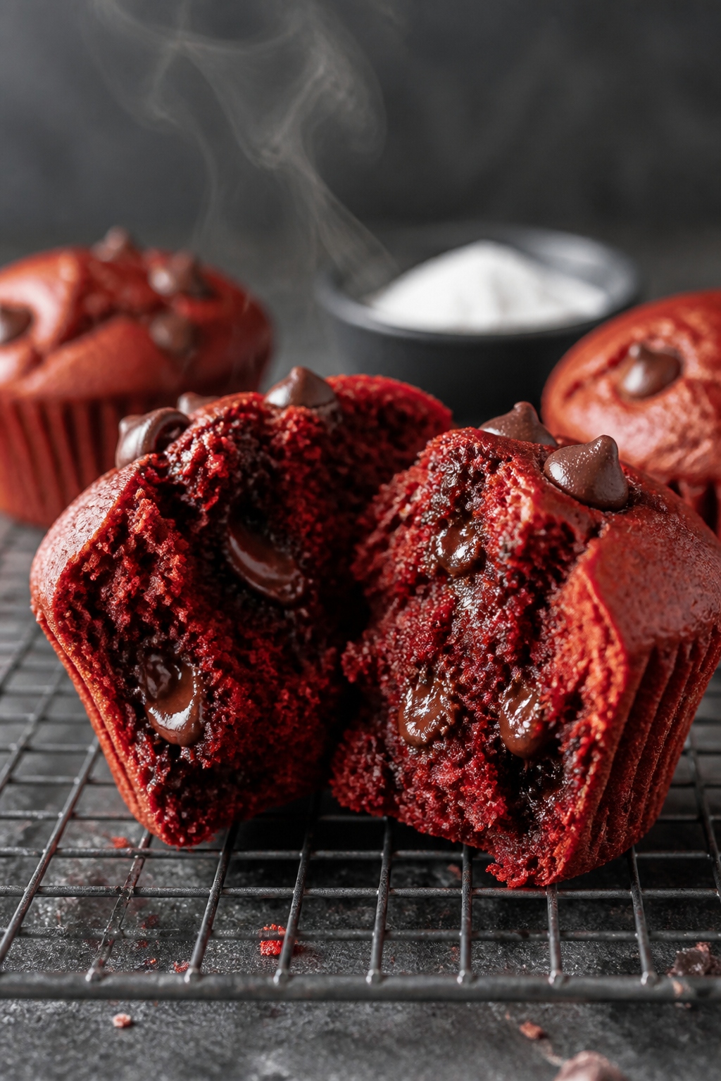 Close-up detail: A just-baked red velvet protein muffin torn open on a wire cooling rack, showing a 