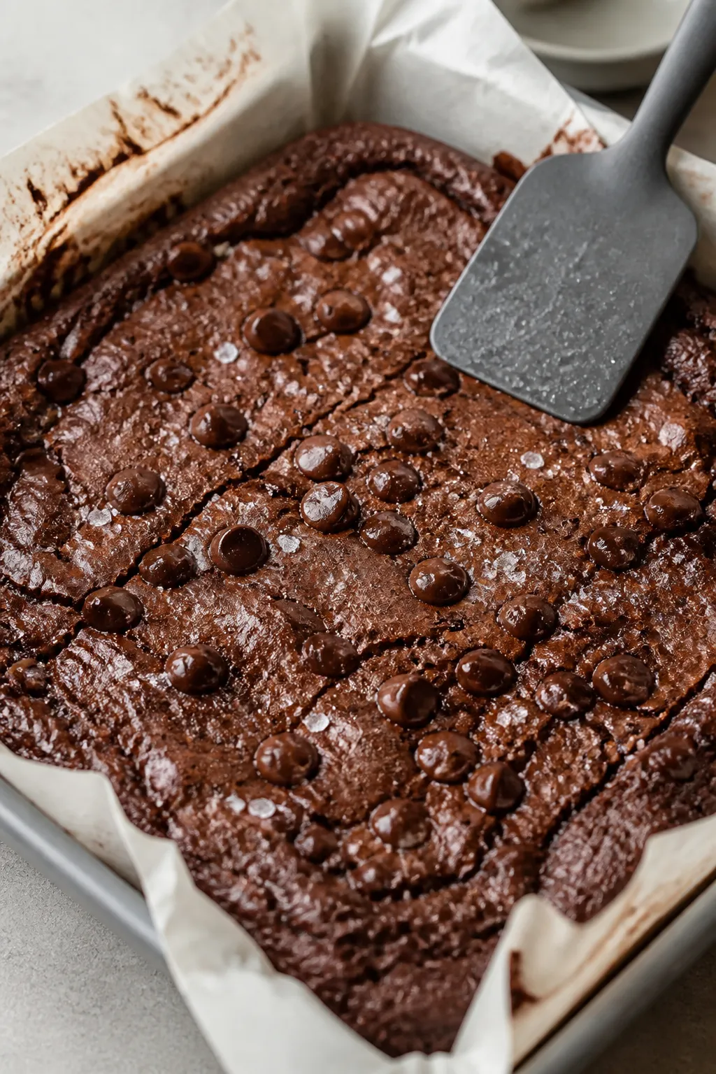 Close-up detail: A just-baked slab of high-protein peanut butter brownie bars cooling in an 8x8 parc
