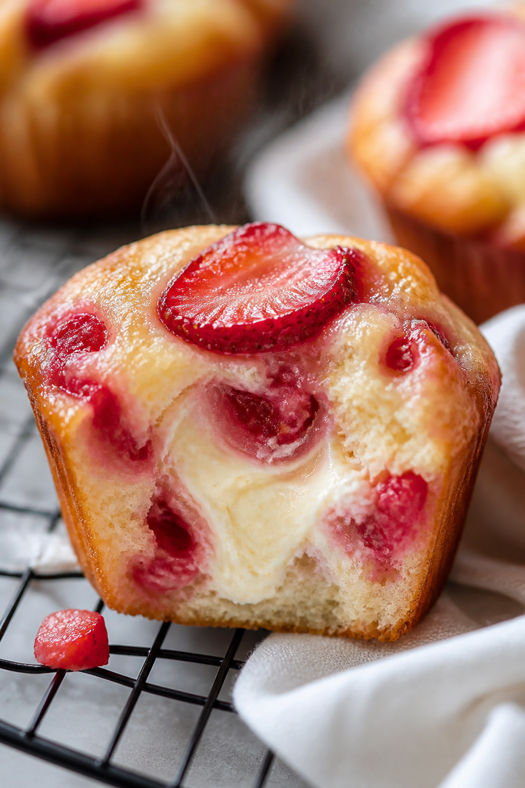 Close-up detail: A just-baked strawberry cheesecake muffin torn open to reveal a creamy light-cream-