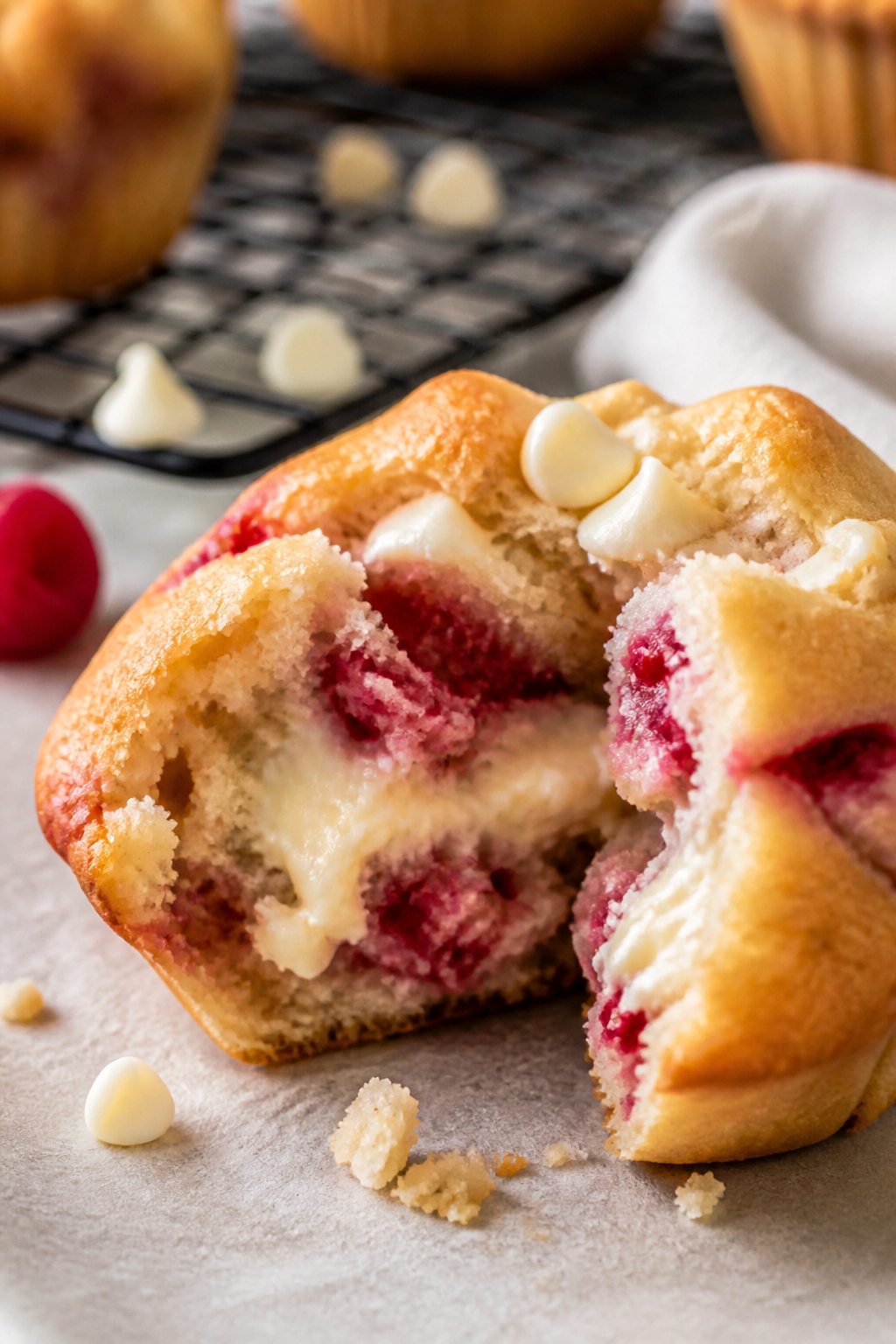Close-up detail: A just-baked white chocolate raspberry protein muffin torn open to reveal a moist,