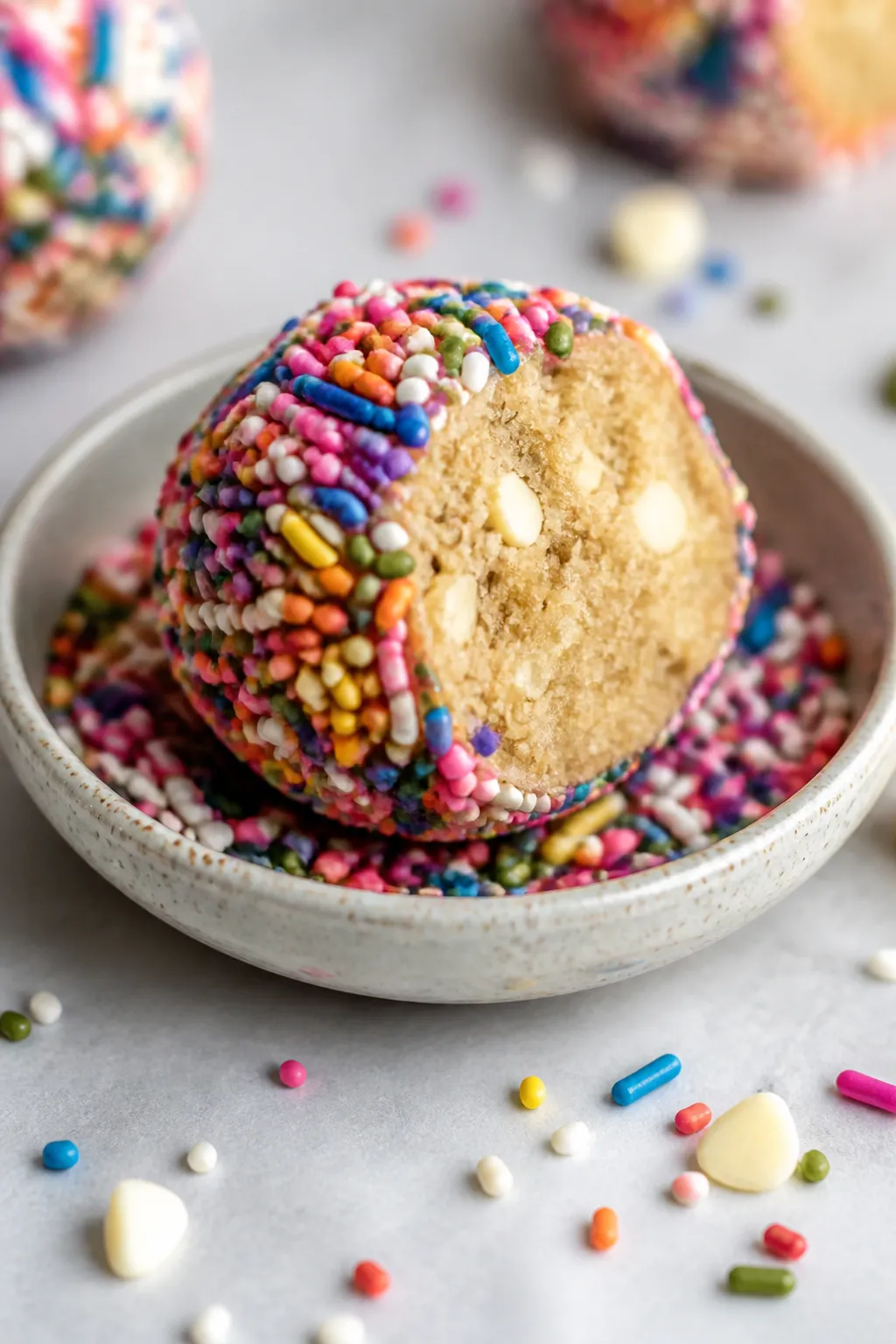 Close-up detail: A just-rolled birthday cake protein truffle held in a shallow dish of rainbow sugar