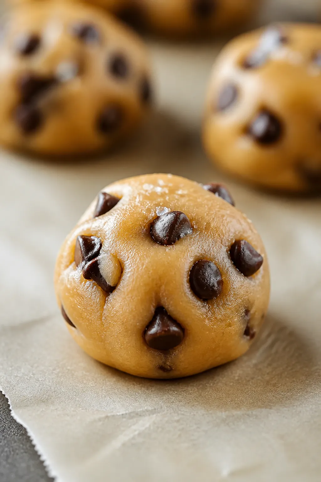 Close-up detail: A just-rolled peanut butter cookie dough bite with mini dark chocolate chips embedd