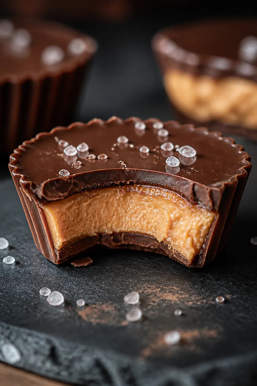Close-up detail: A just-unwrapped Chocolate Peanut Butter Protein Cup with a clean bite taken out, r