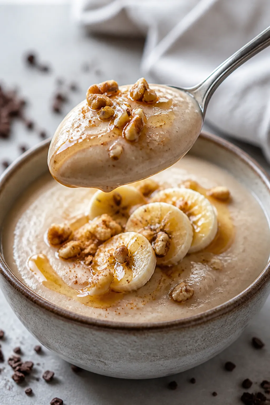 Close-up detail: A silky, blended cottage cheese banana protein pudding spoonful hovering above a sm