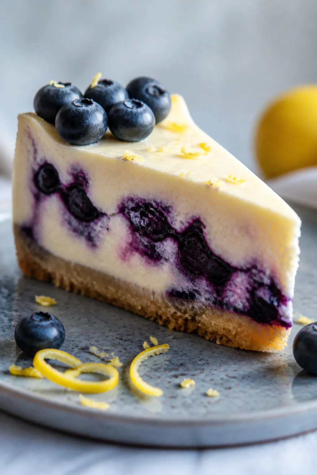 Close-up detail: A silky slice of High Protein Low Carb Lemon Blueberry Cheesecake just after chilli