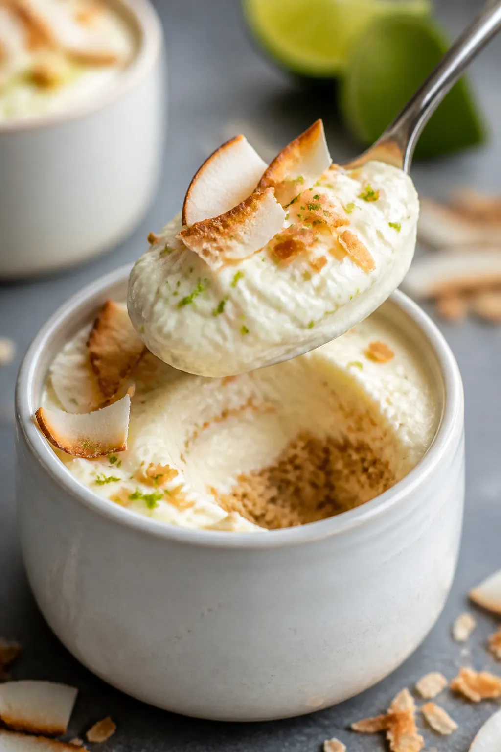 Close-up detail: A silky spoonful lifted from a chilled Coconut Cream Cheesecake Jar, showing ultra-