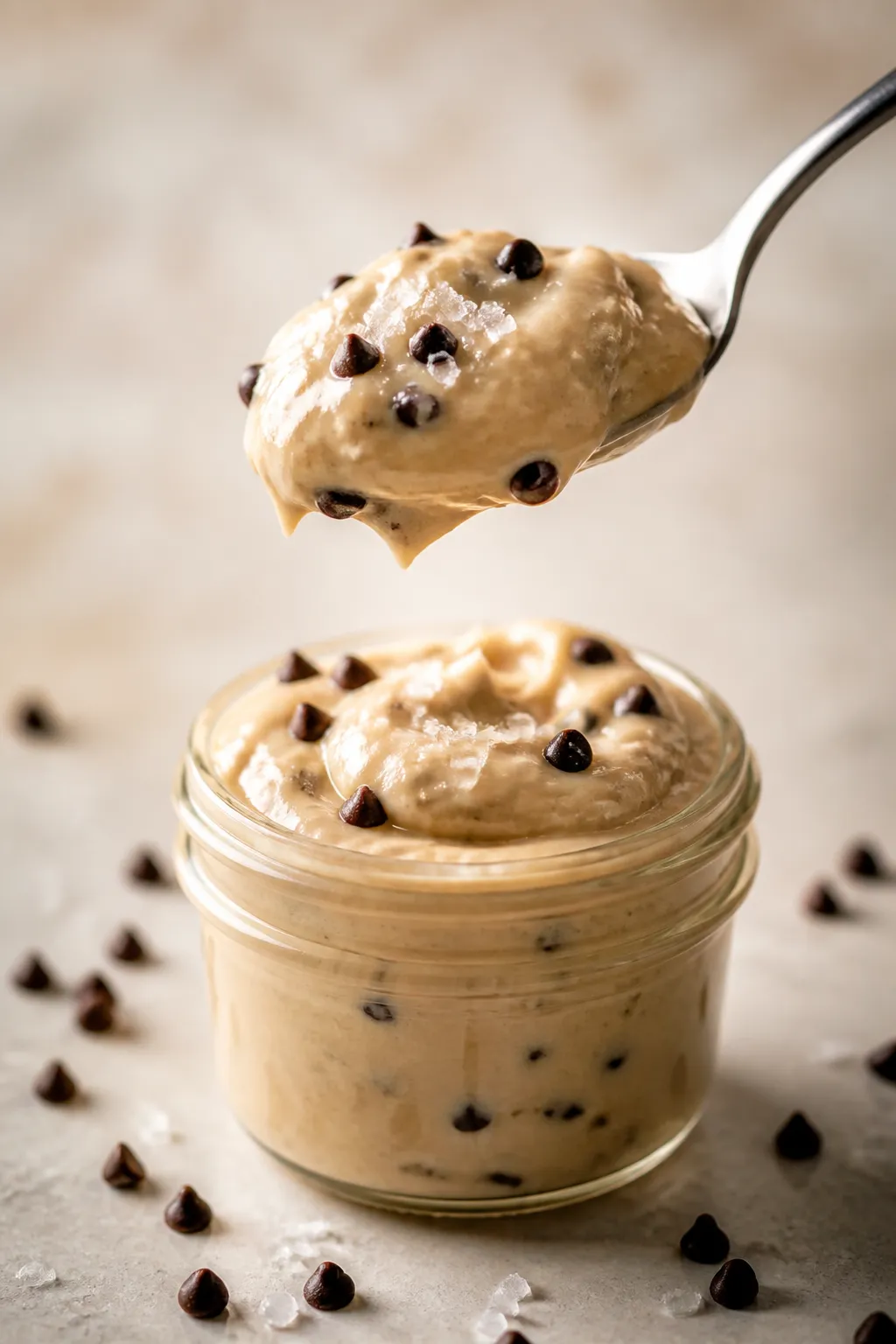 Close-up detail: A silky spoonful of Cottage Cheese Cookie Dough Pudding mid-air over a small glass