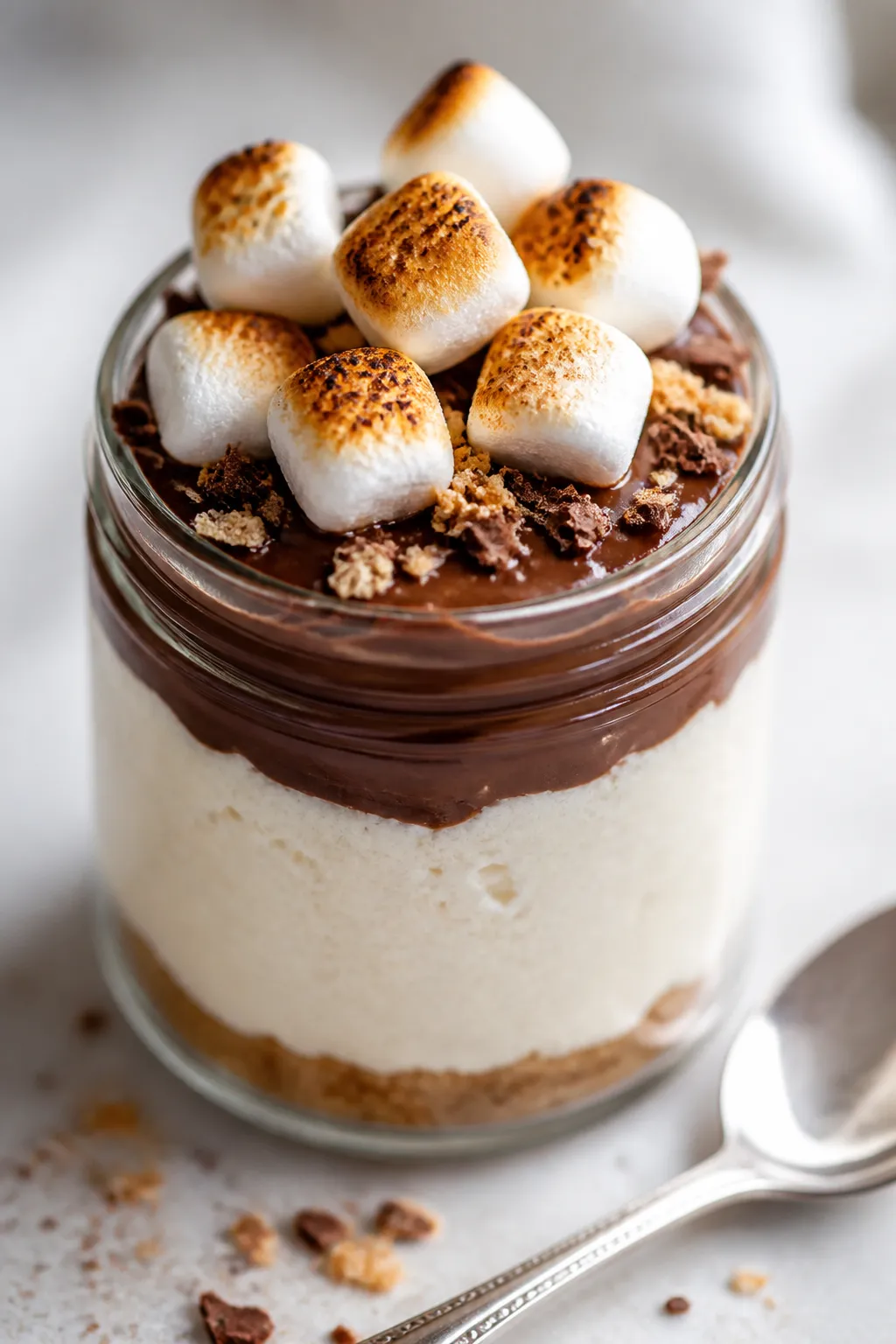 Close-up detail: A single chilled s’mores cheesecake jar with defined layers—thin golden “grah