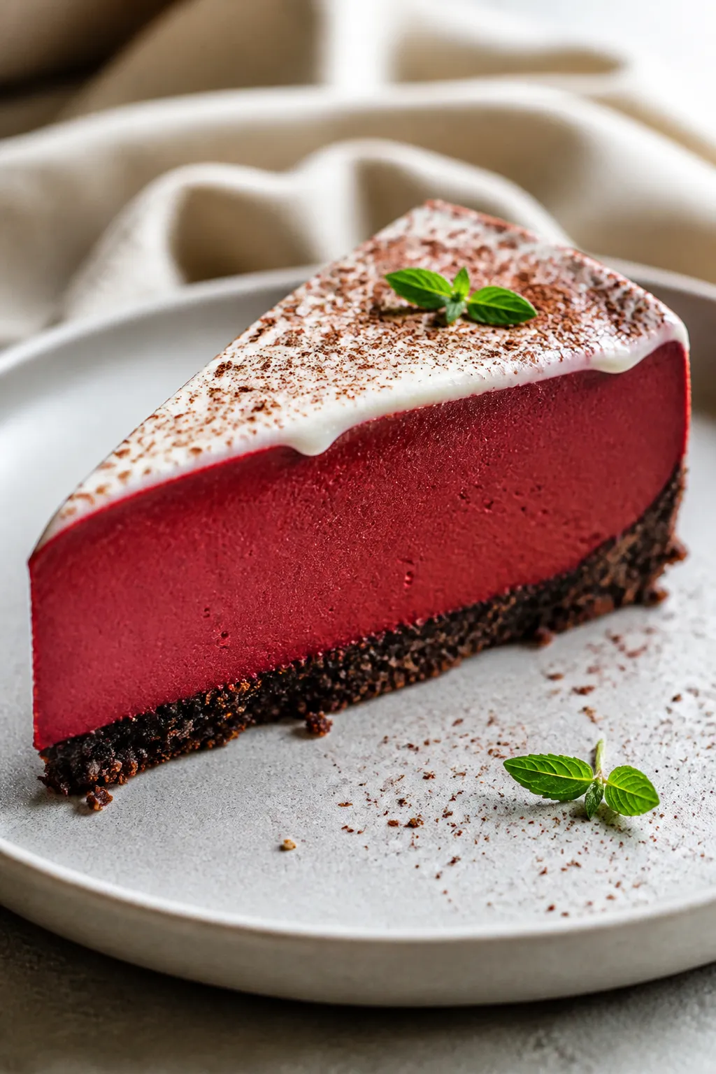 Close-up detail: A slice of red velvet protein cheesecake just after chilling, showing the ultra-smo