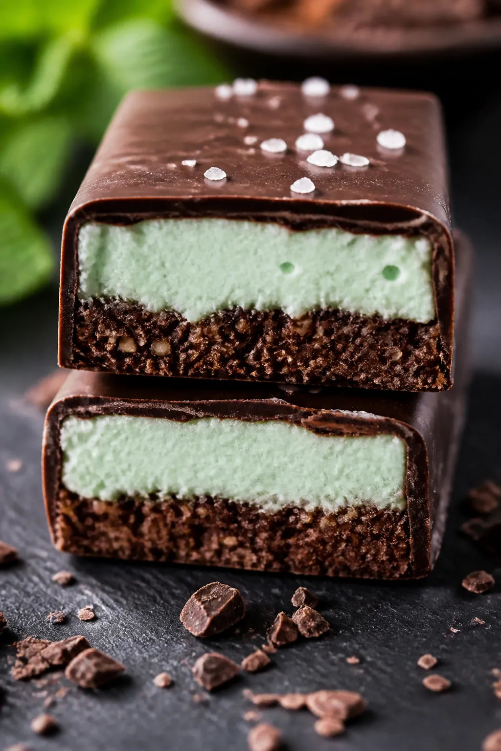 Close-up detail: A sliced chocolate mint protein bar showing clean, defined layers—a dense, cocoa-