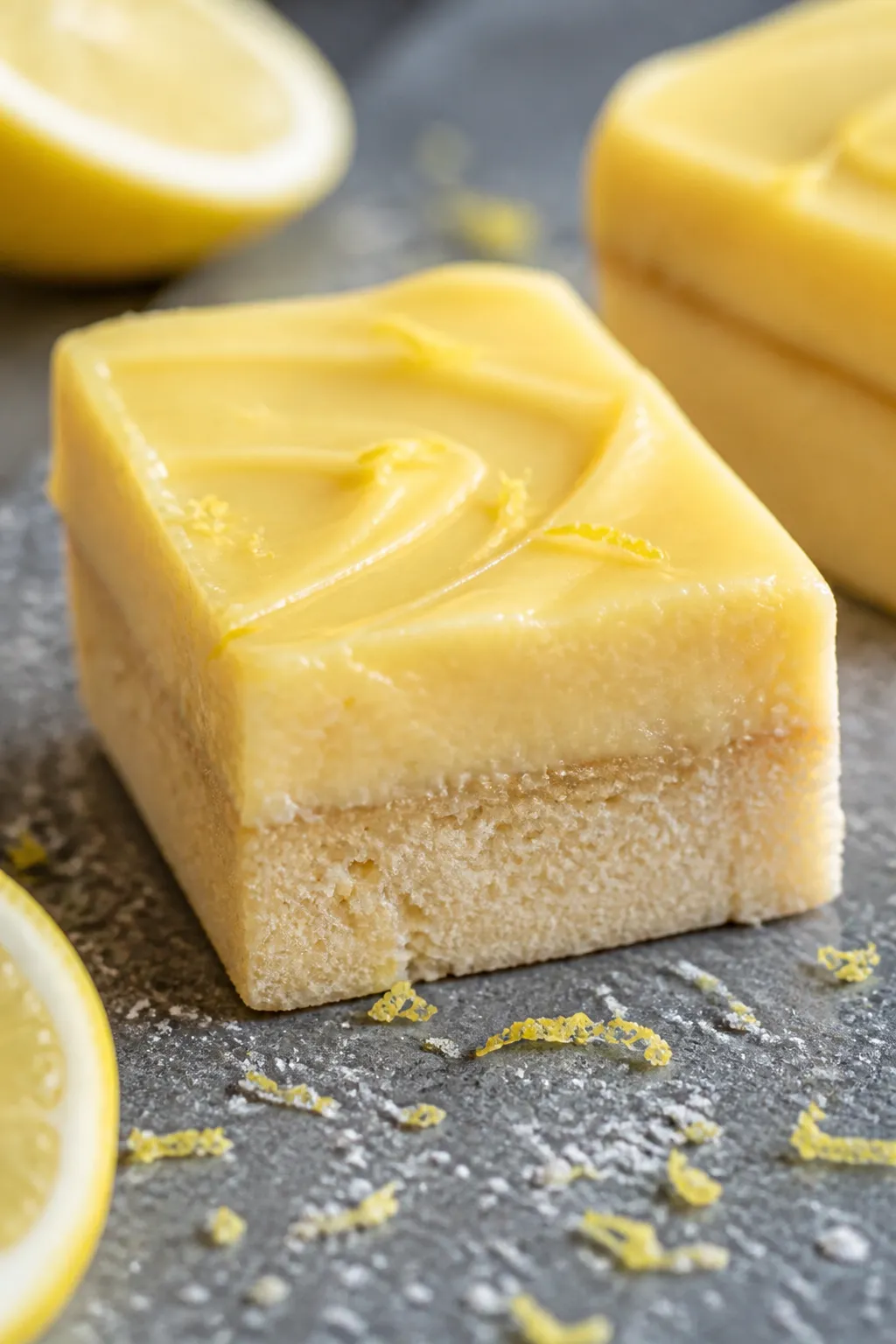 Close-up detail: A sliced Lemon Cream Protein Bar with a clean, sharp edge showing the soft, fudgy a