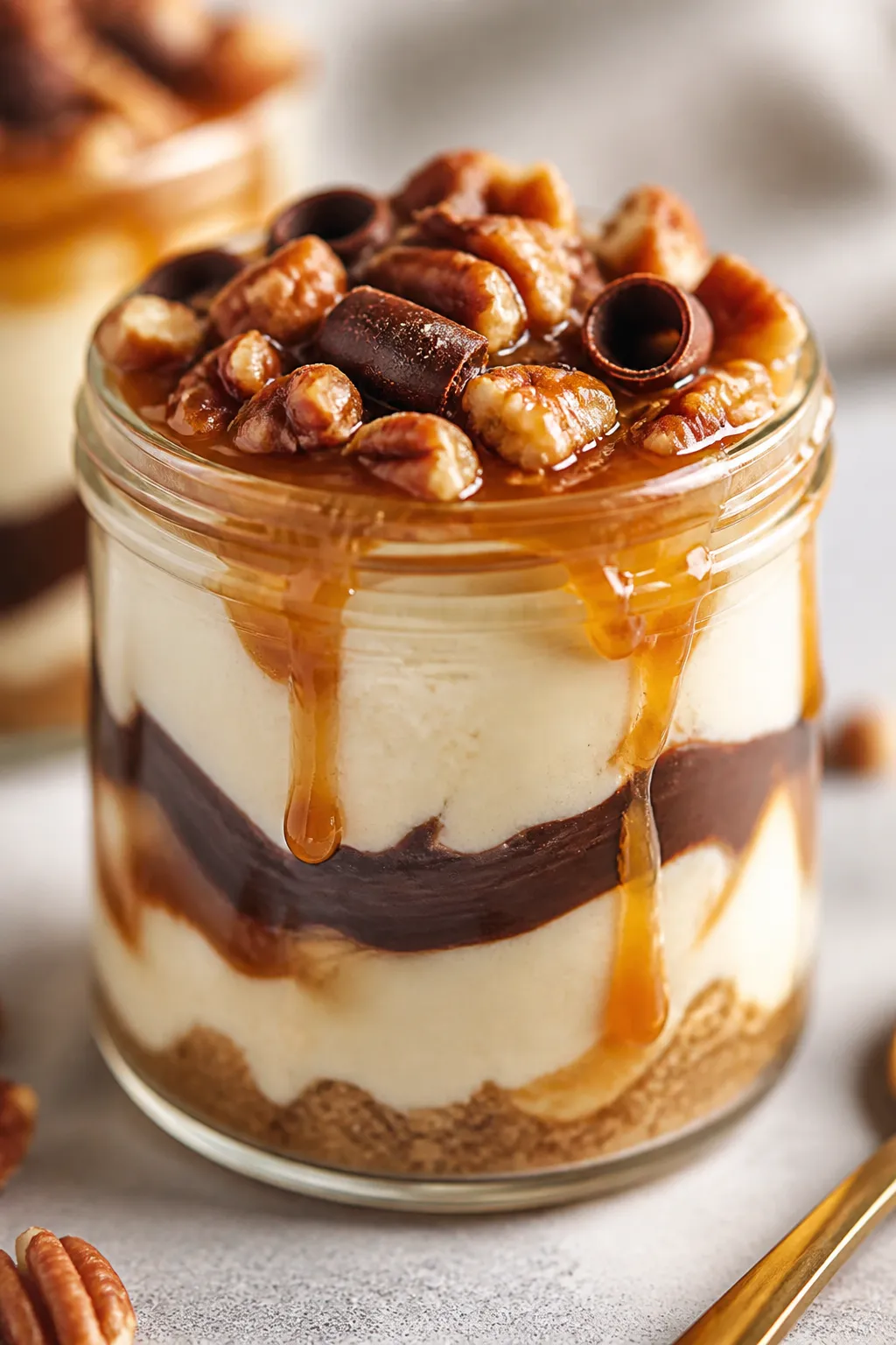 Close-up detail: A small glass jar layered with vanilla cheesecake, glossy sugar-free caramel drizzl