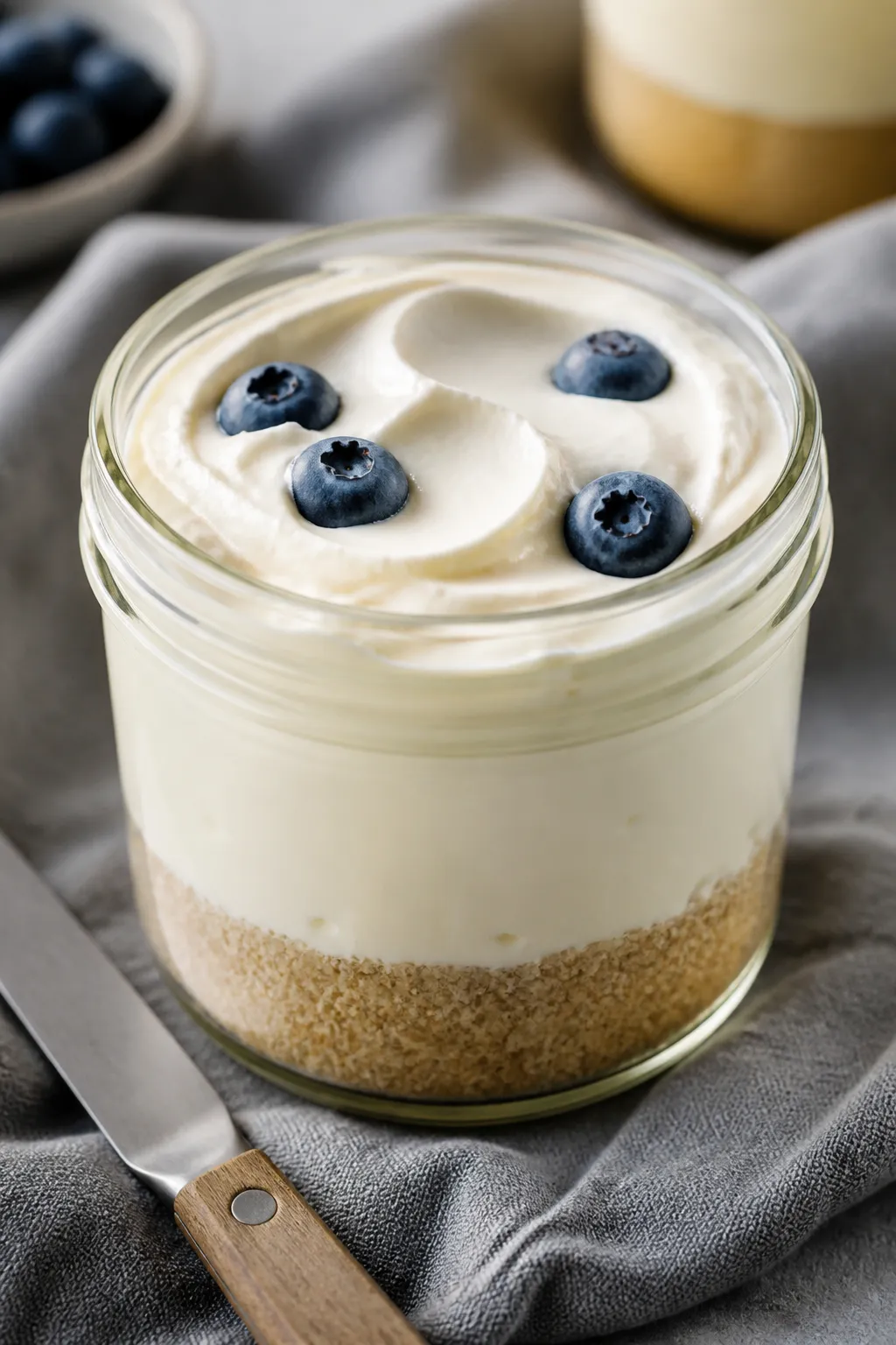 Close-up detail: A small glass jar with the almond flour “crust” layer pressed evenly on the bot