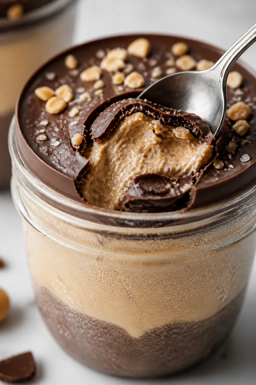 Close-up detail: A spoon cracking through the glossy sugar-free chocolate shell on a chilled peanut 