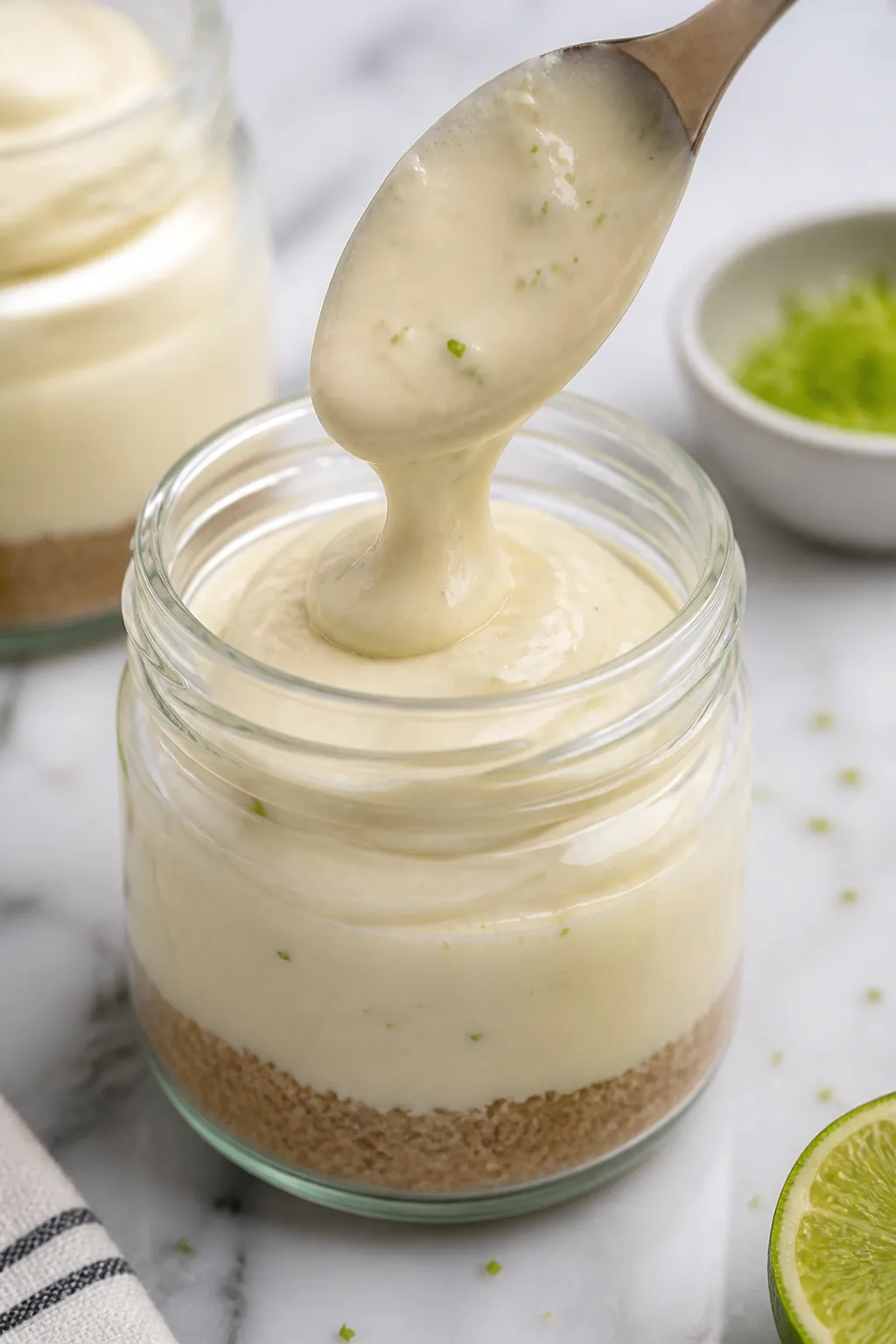 Close-up detail: A spoon gently piping silky key lime cheesecake filling into a chilled glass jar ov